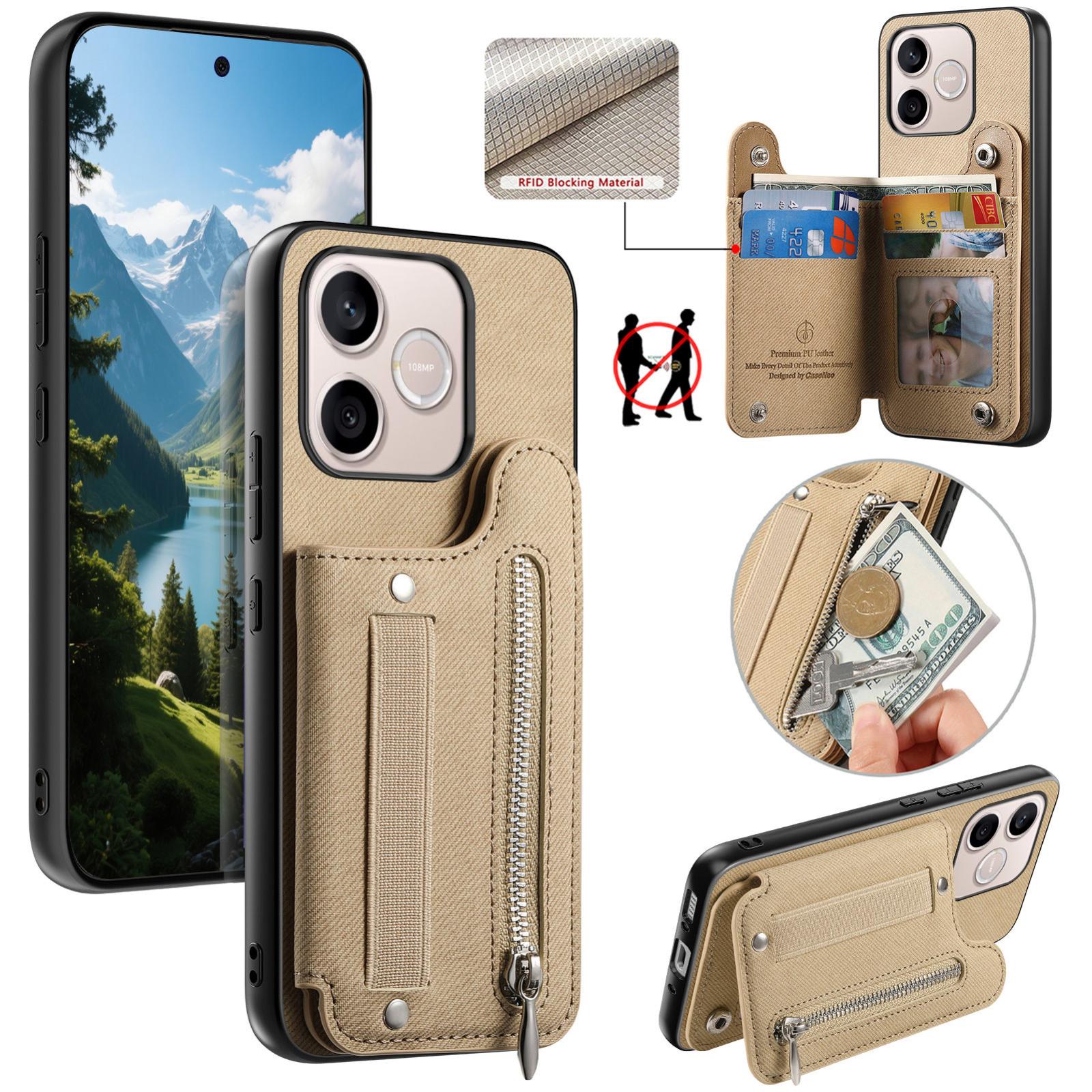For Honor 600 Lite Global Twill Fabric Vegan Leather Wristband Horizontal Flip Zipper Wallet Phone Case(Khaki) - Shopkiz.com