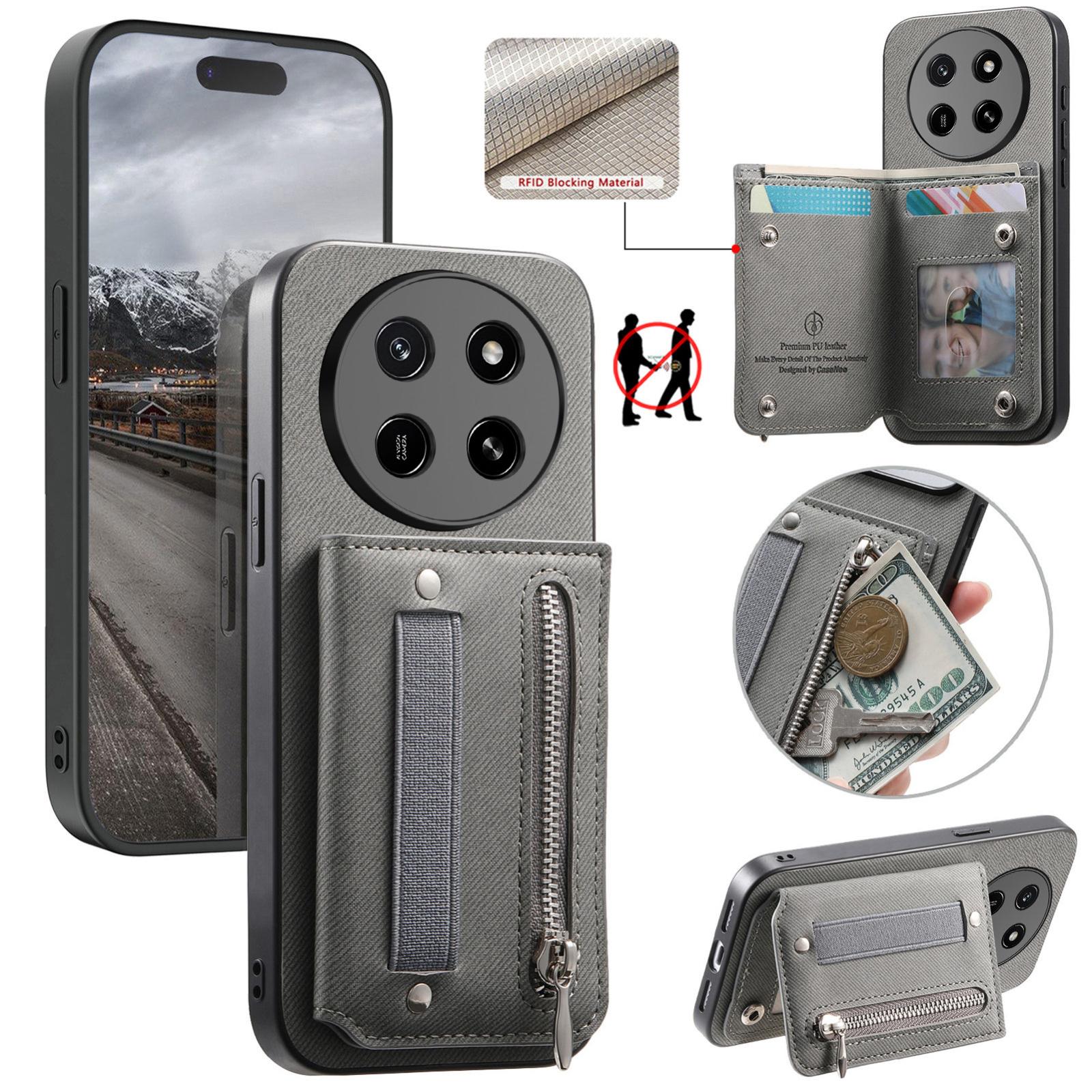 For Honor Magic8 Pro Twill Fabric Vegan Leather Wristband Horizontal Flip Zipper Wallet Phone Case(Gray) - Shopkiz.com