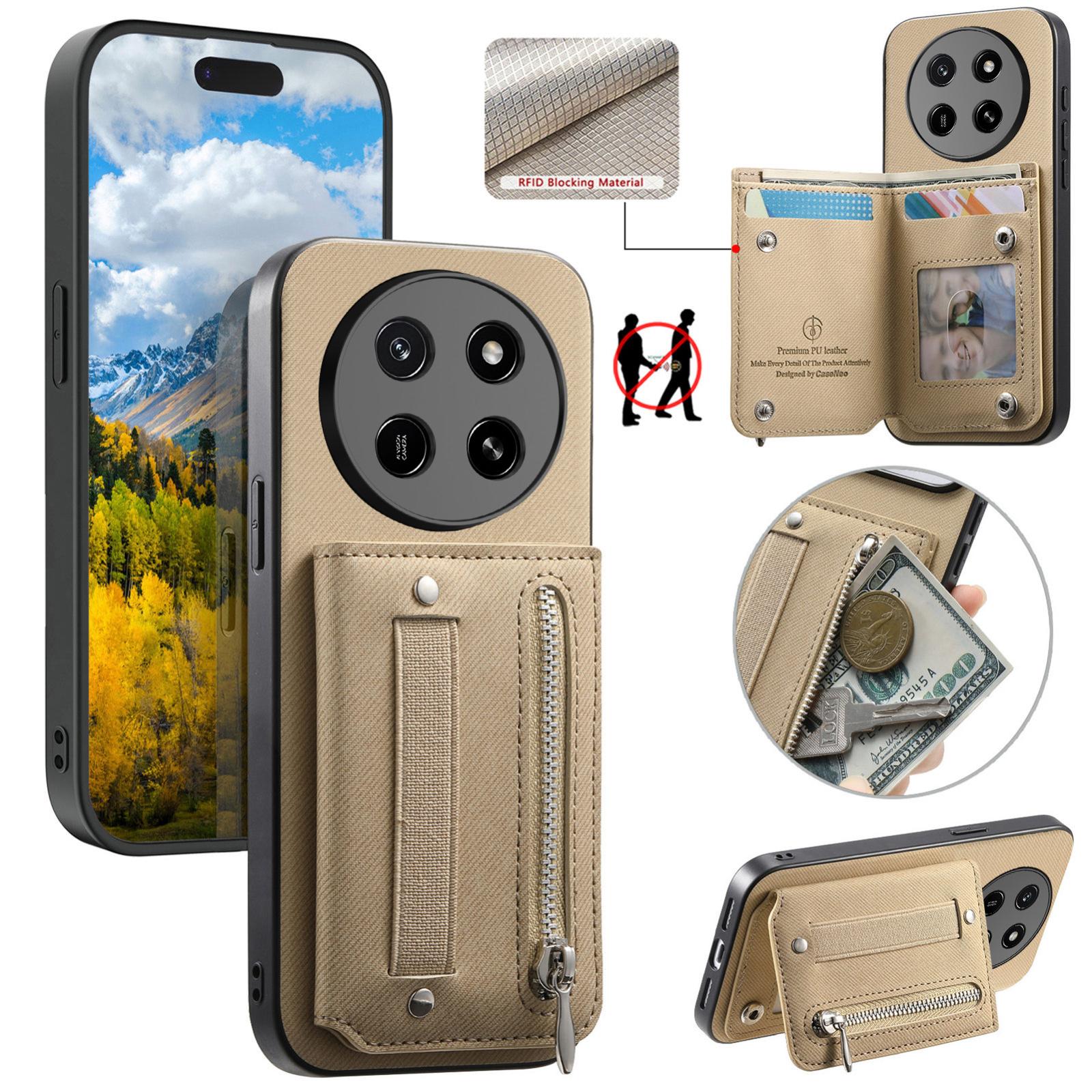 For Honor Magic8 Pro Twill Fabric Vegan Leather Wristband Horizontal Flip Zipper Wallet Phone Case(Khaki) - Shopkiz.com