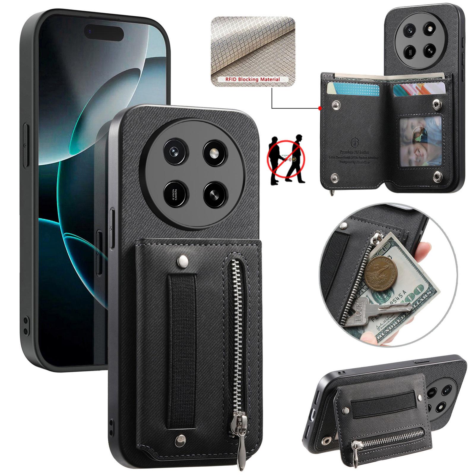 For Honor X70 / X9d / Magic8 Lite Twill Fabric Vegan Leather Wristband Horizontal Flip Zipper Wallet Phone Case(Black) - Shopkiz.com