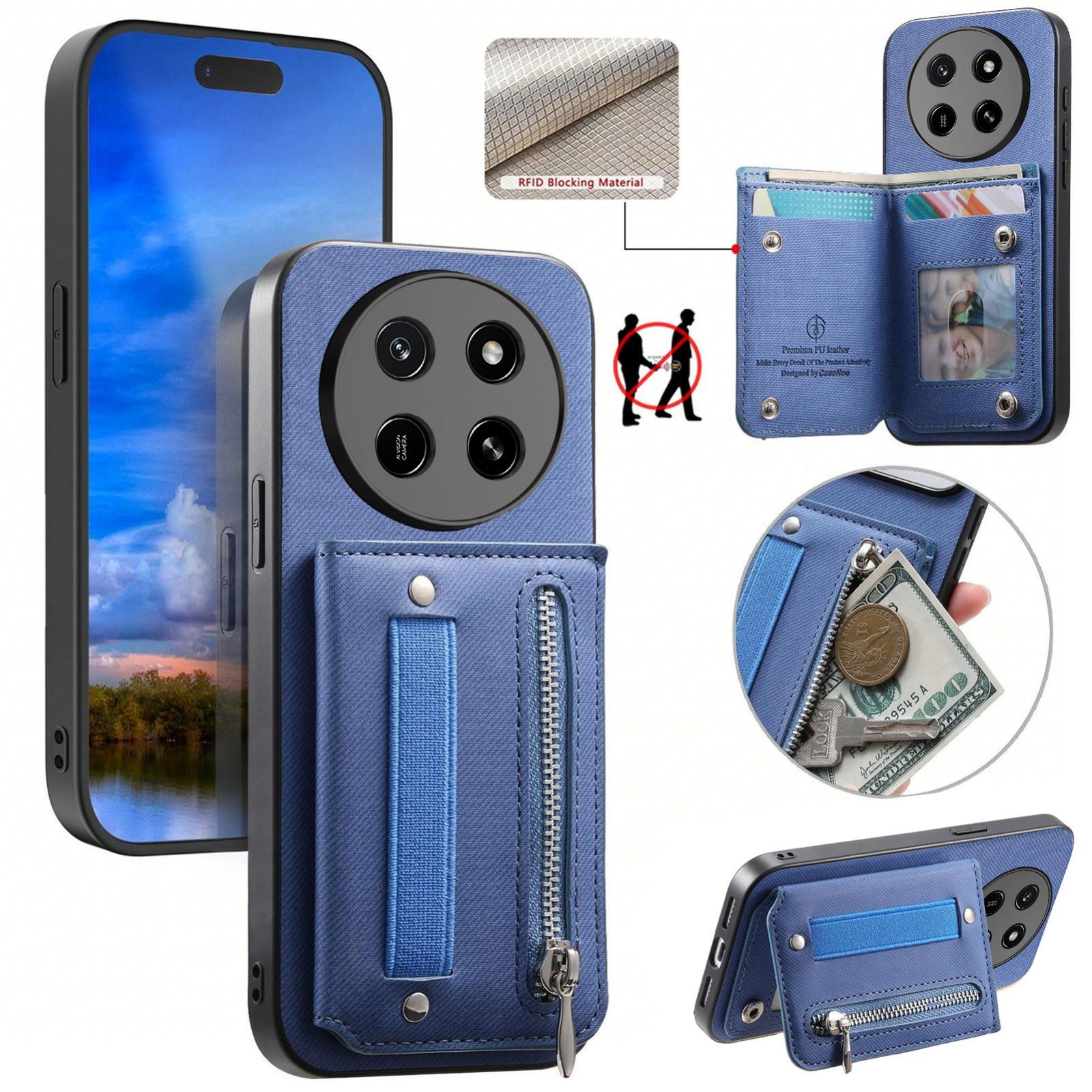 For Honor X70 / X9d / Magic8 Lite Twill Fabric Vegan Leather Wristband Horizontal Flip Zipper Wallet Phone Case(Blue) - Shopkiz.com
