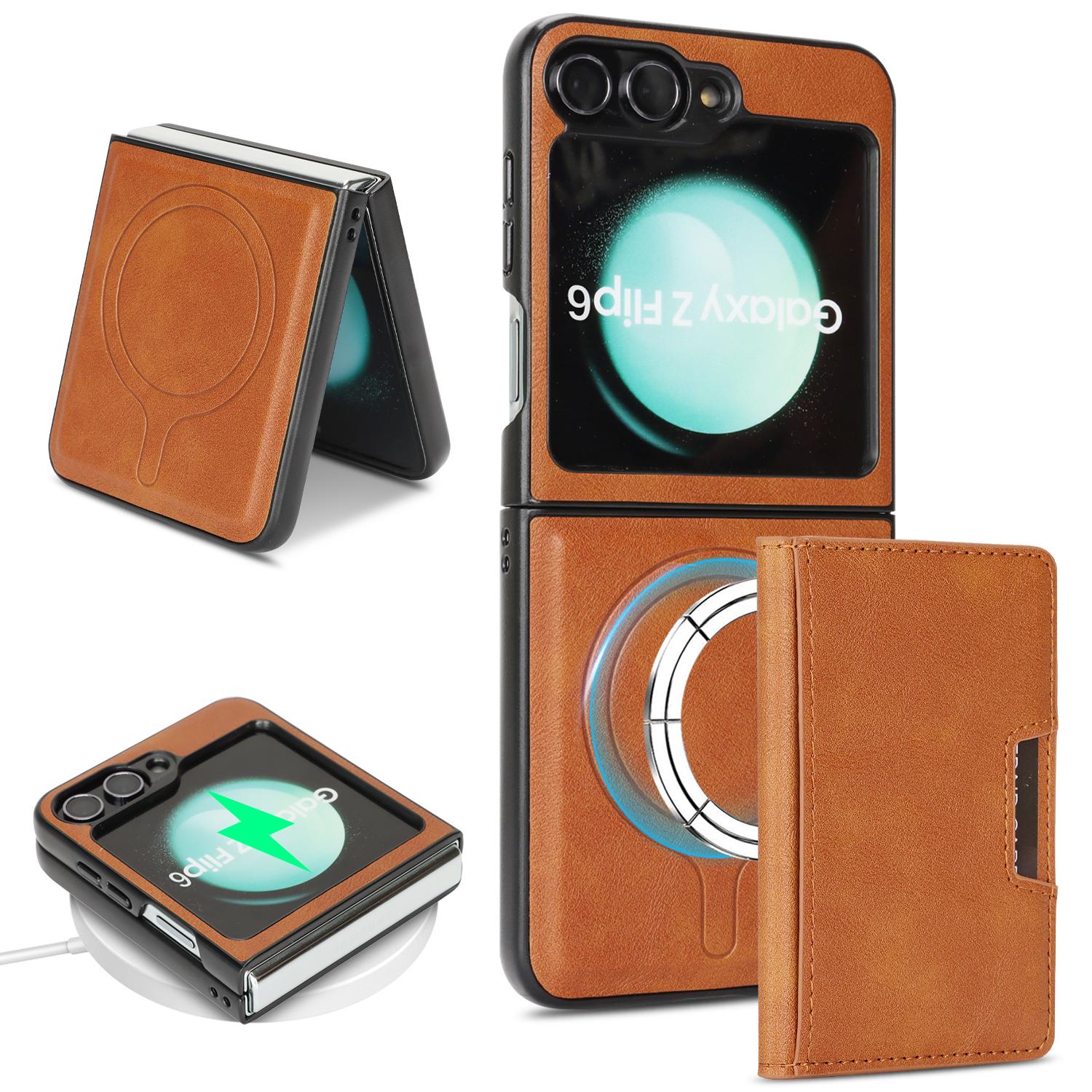 For Galaxy Z Flip7 FE / Flip6 Kalebol Strong MagSafe Magnetic Two-Fold Card Bag Leather Phone Case(Brown) - Shopkiz.com