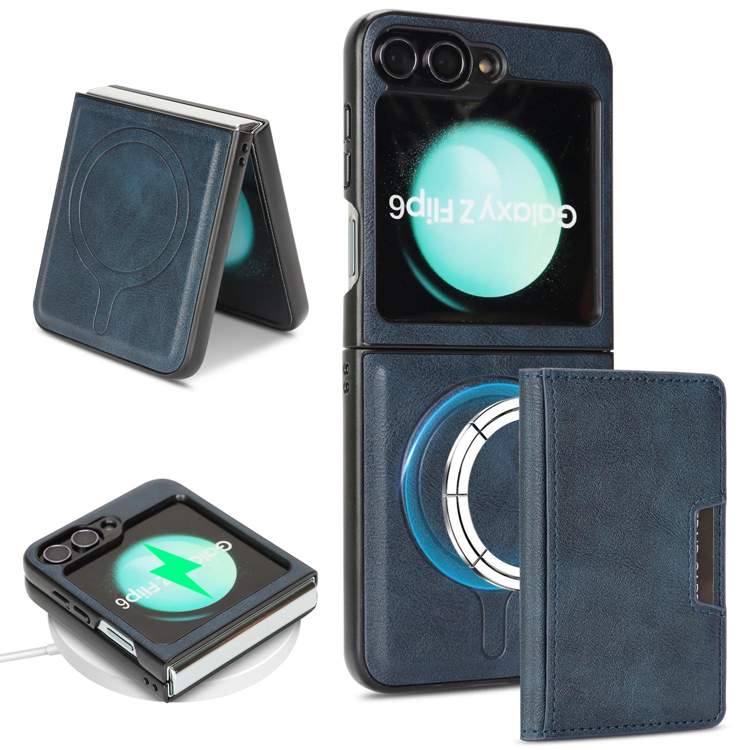 For Galaxy Z Flip7 FE / Flip6 Kalebol Strong MagSafe Magnetic Two-Fold Card Bag Leather Phone Case(Blue) - Shopkiz.com