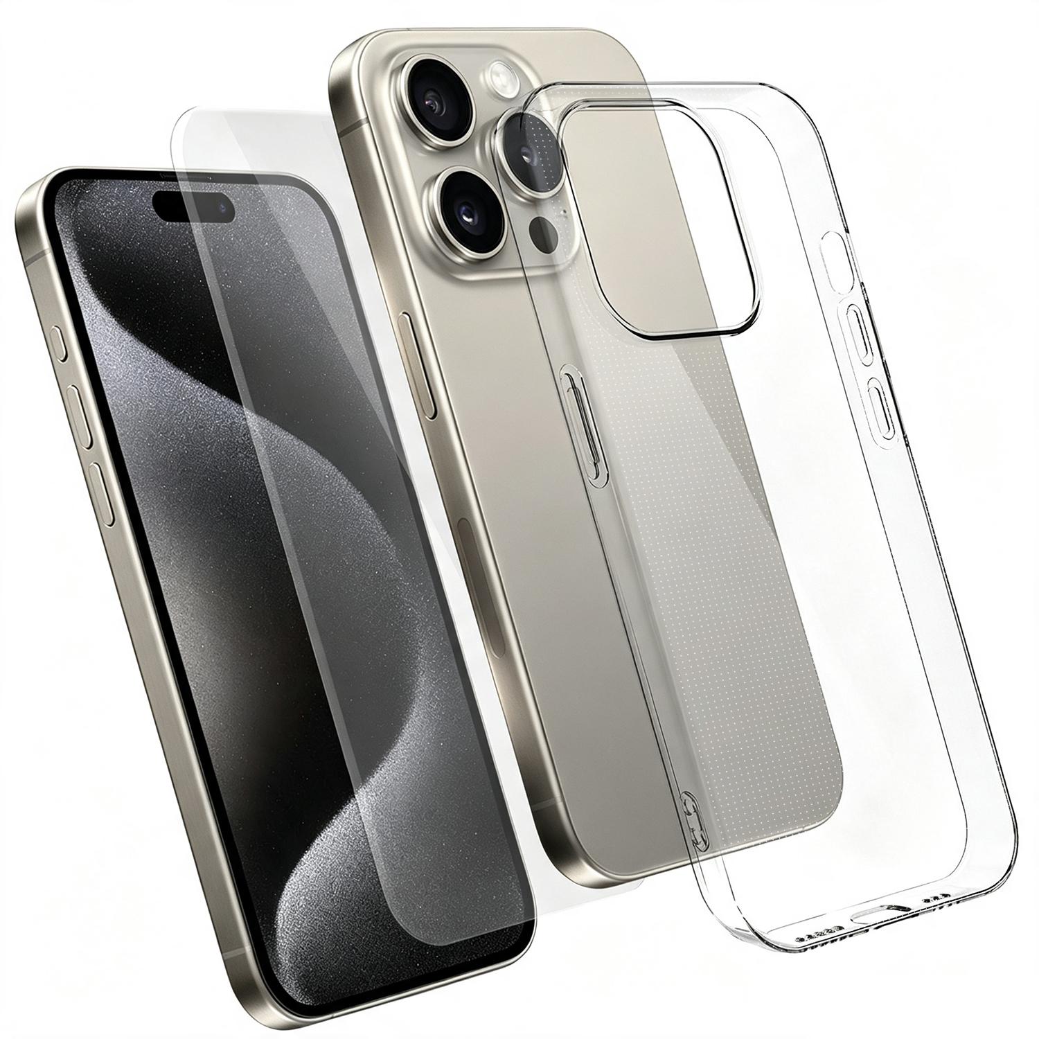 2 in 1 Set Clear TPU Phone Case with High Alumina Tempered Glass Film For iPhone 15 Pro - Shopkiz.com
