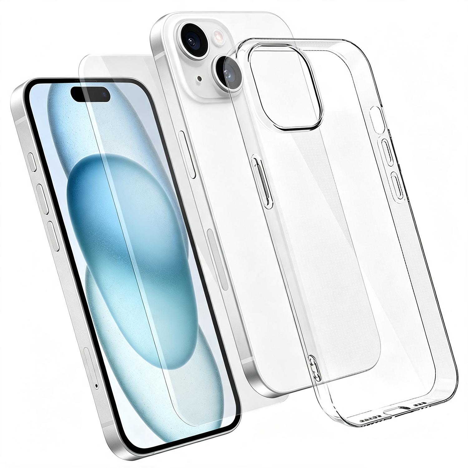 2 in 1 Set Clear TPU Phone Case with High Alumina Tempered Glass Film For iPhone 15 Plus - Shopkiz.com