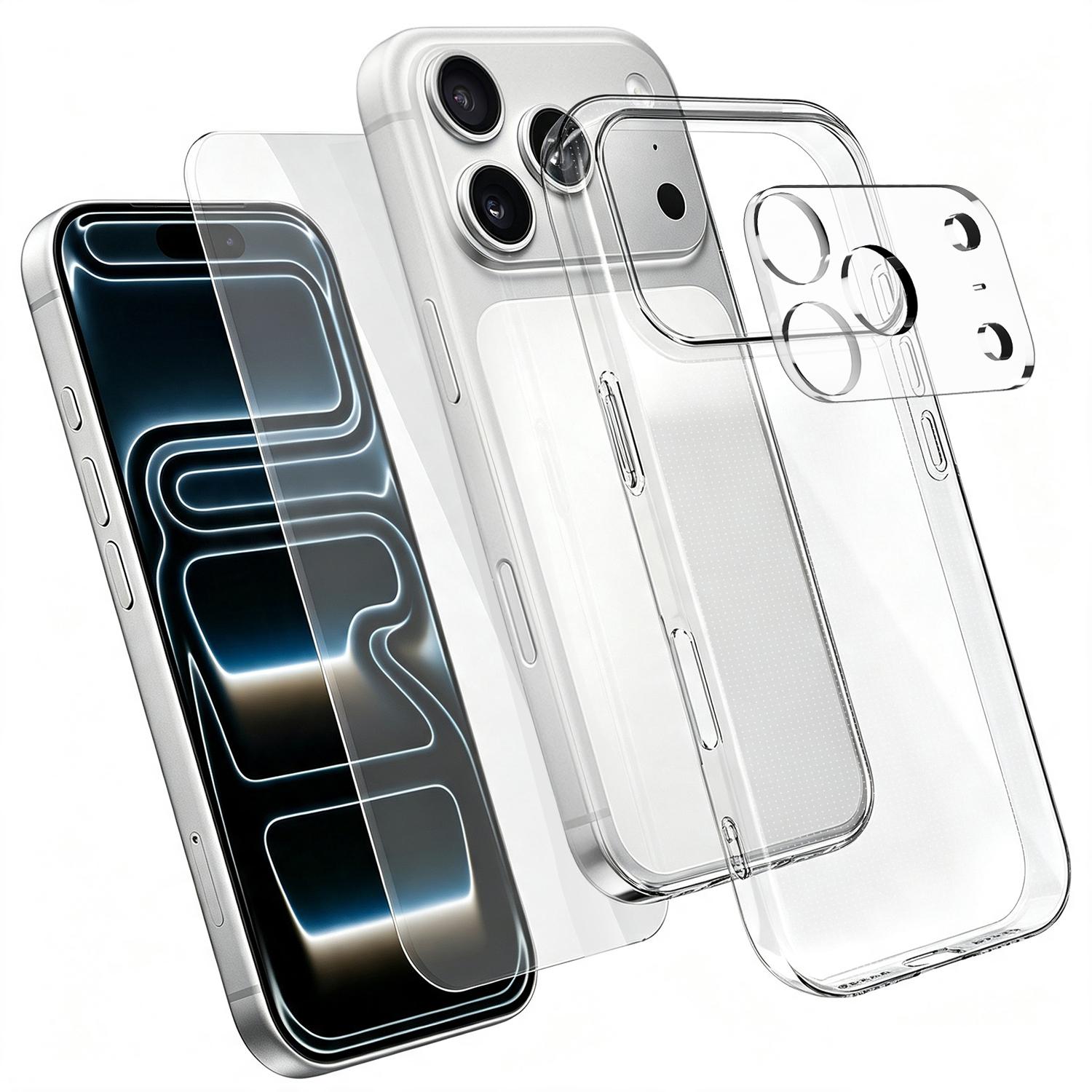 3 in 1 Set Clear TPU Phone Case with High Alumina Tempered Glass Film + Lens Protector For iPhone 17 Pro - Shopkiz.com