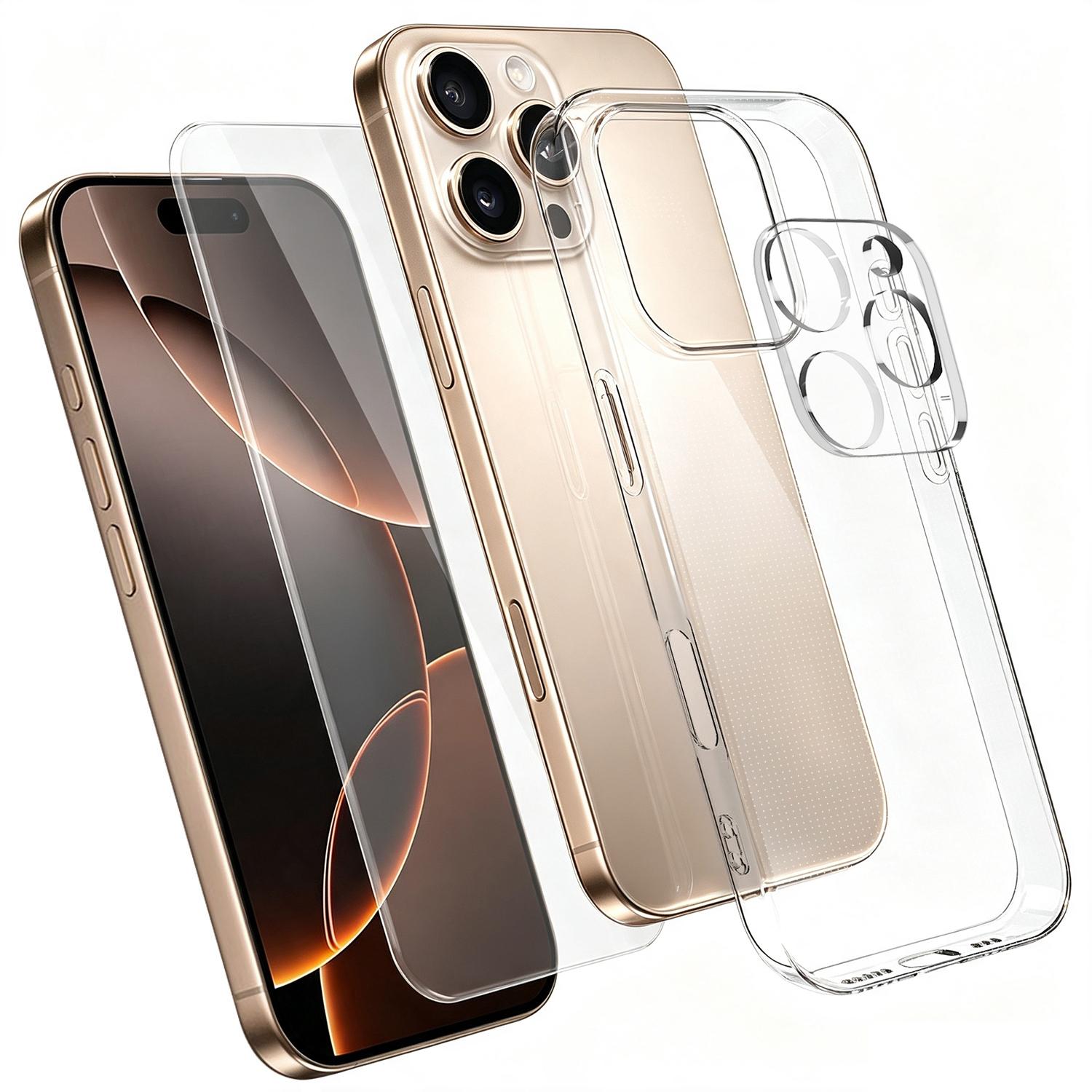3 in 1 Set Clear TPU Phone Case with High Alumina Tempered Glass Film + Lens Protector For iPhone 16 Pro - Shopkiz.com
