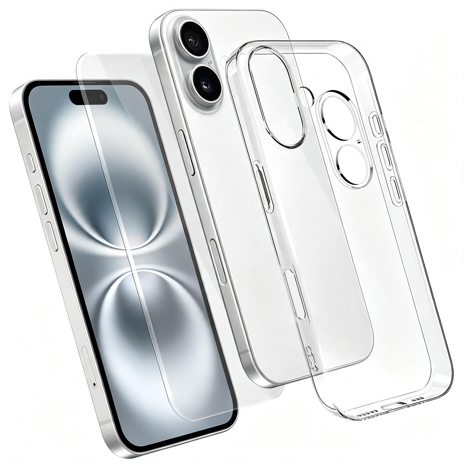 3 in 1 Set Clear TPU Phone Case with High Alumina Tempered Glass Film + Lens Protector For iPhone 16 - Shopkiz.com