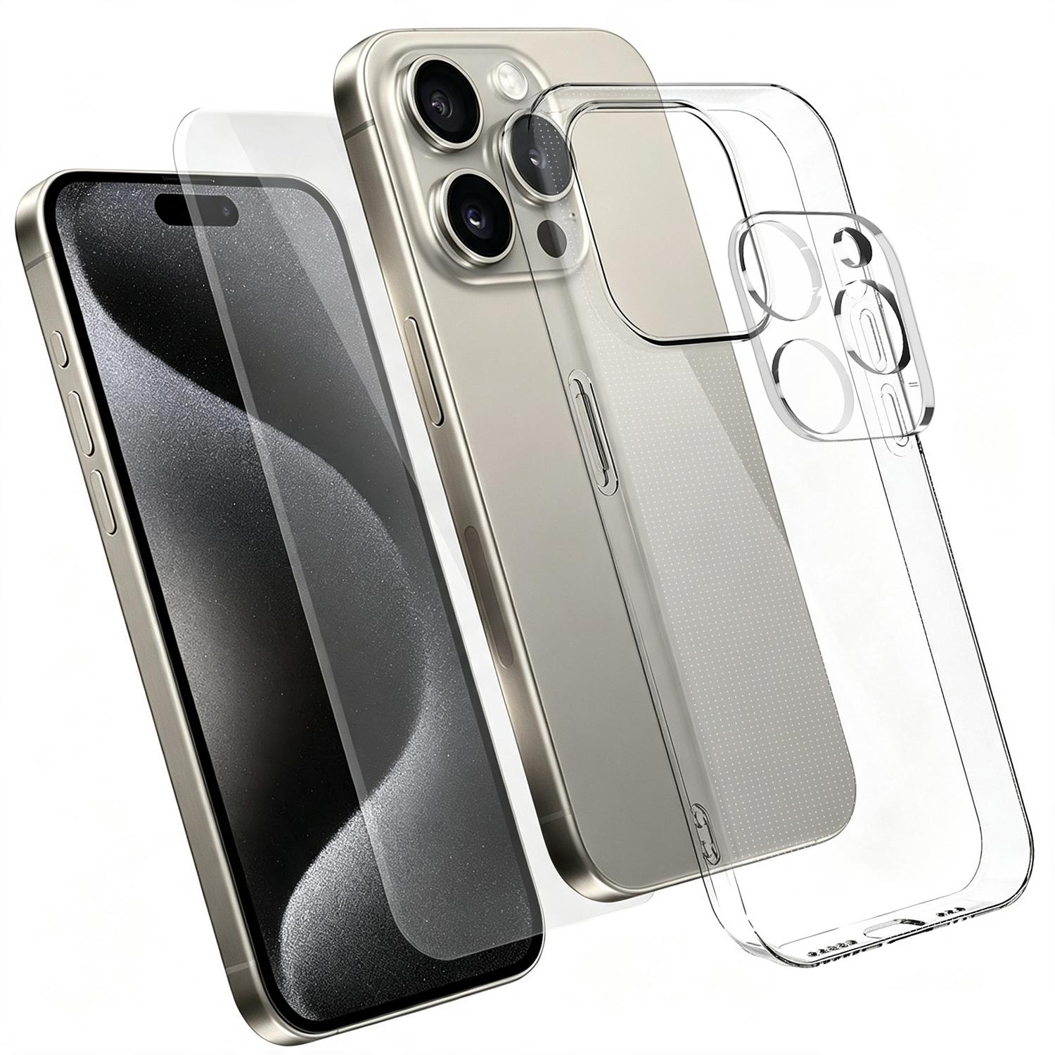 3 in 1 Set Clear TPU Phone Case with High Alumina Tempered Glass Film + Lens Protector For iPhone 15 Pro Max - Shopkiz.com