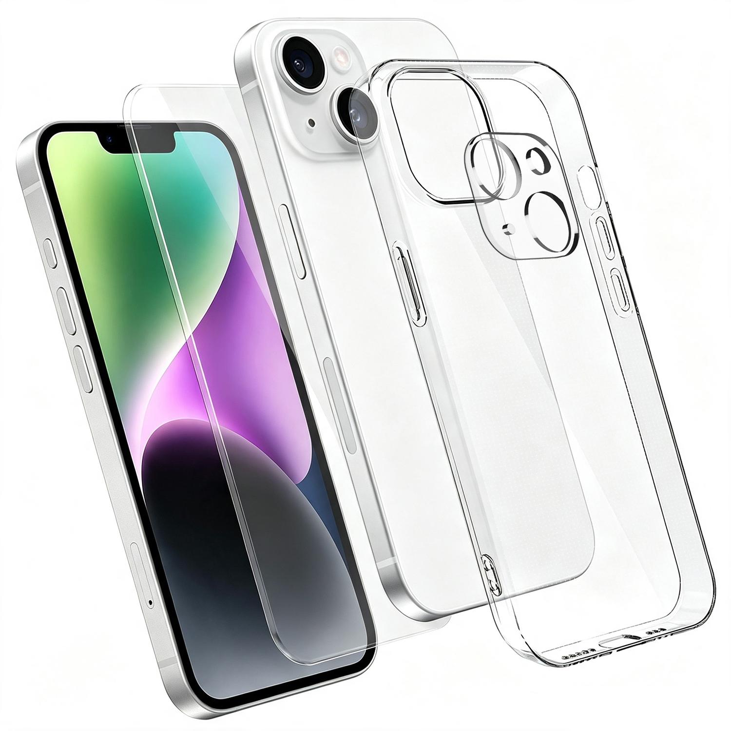 3 in 1 Set Clear TPU Phone Case with High Alumina Tempered Glass Film + Lens Protector For iPhone 14 Plus - Shopkiz.com