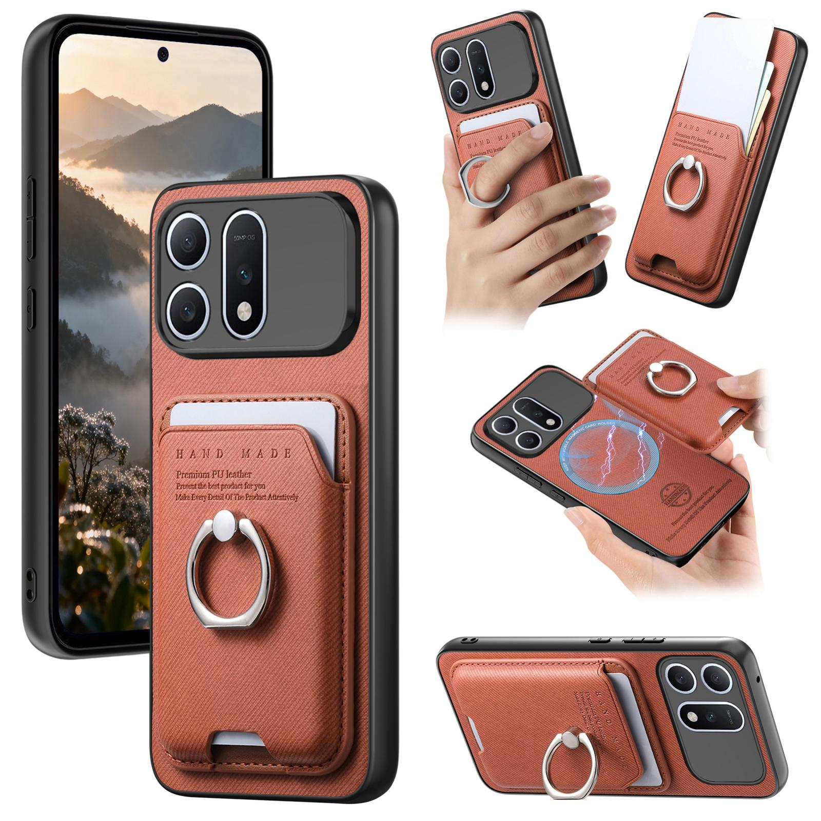 For Honor Win Turbo 5G Twill Fabric Card Bag Ring Magnetic Back Phone Case(Brown) - Shopkiz.com