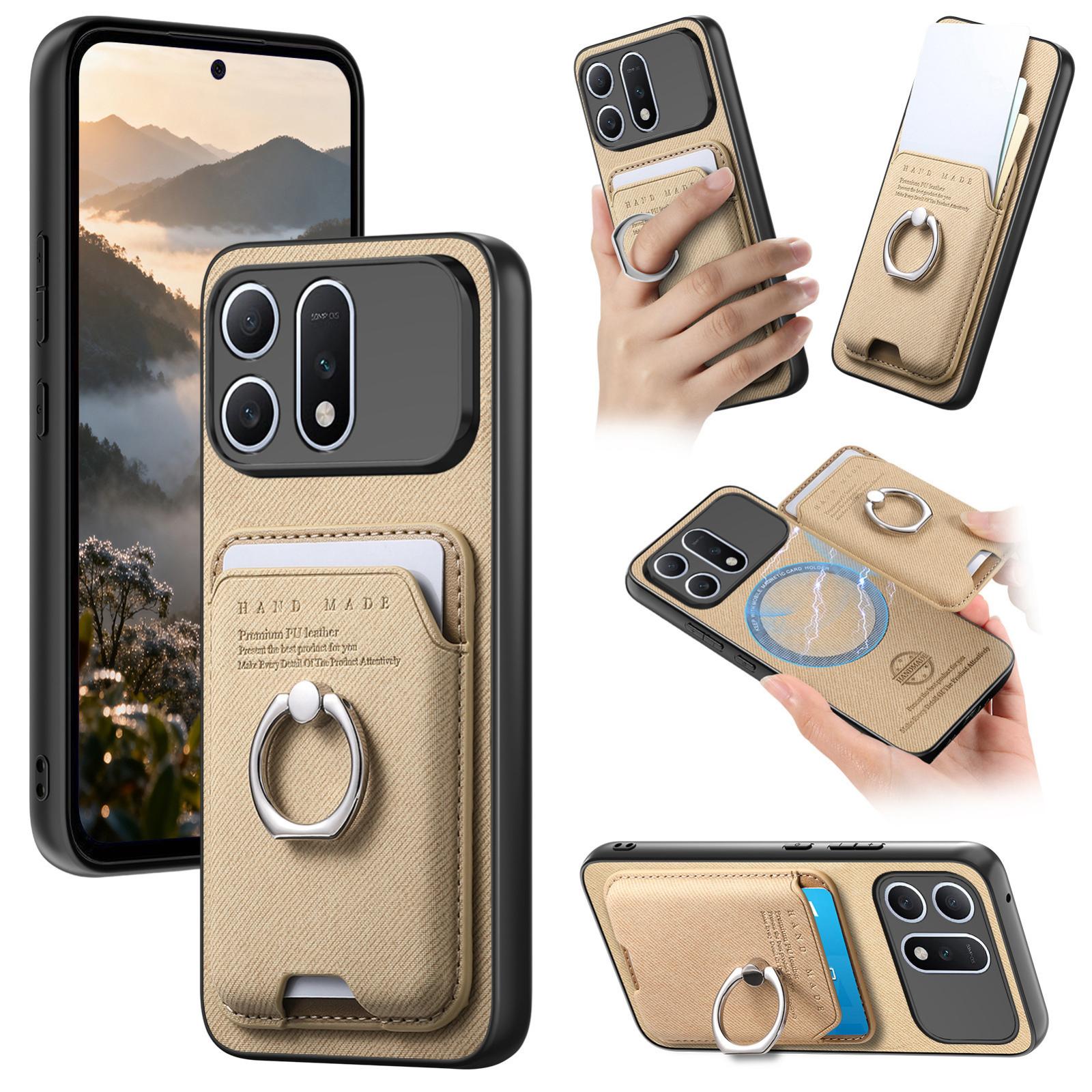 For Honor Win Turbo 5G Twill Fabric Card Bag Ring Magnetic Back Phone Case(Khaki) - Shopkiz.com