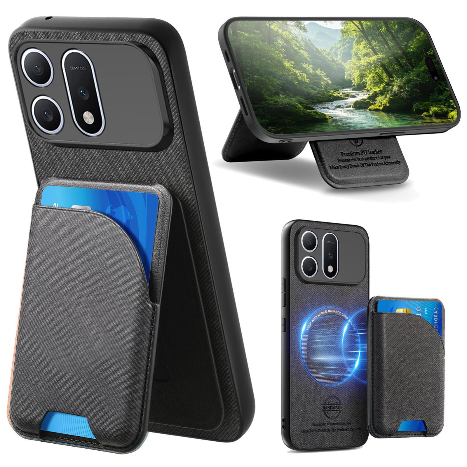 For Honor Win Turbo 5G Twill Fabric Leather-Skin Card Bag Magnetic Back Phone Case(Black) - Shopkiz.com