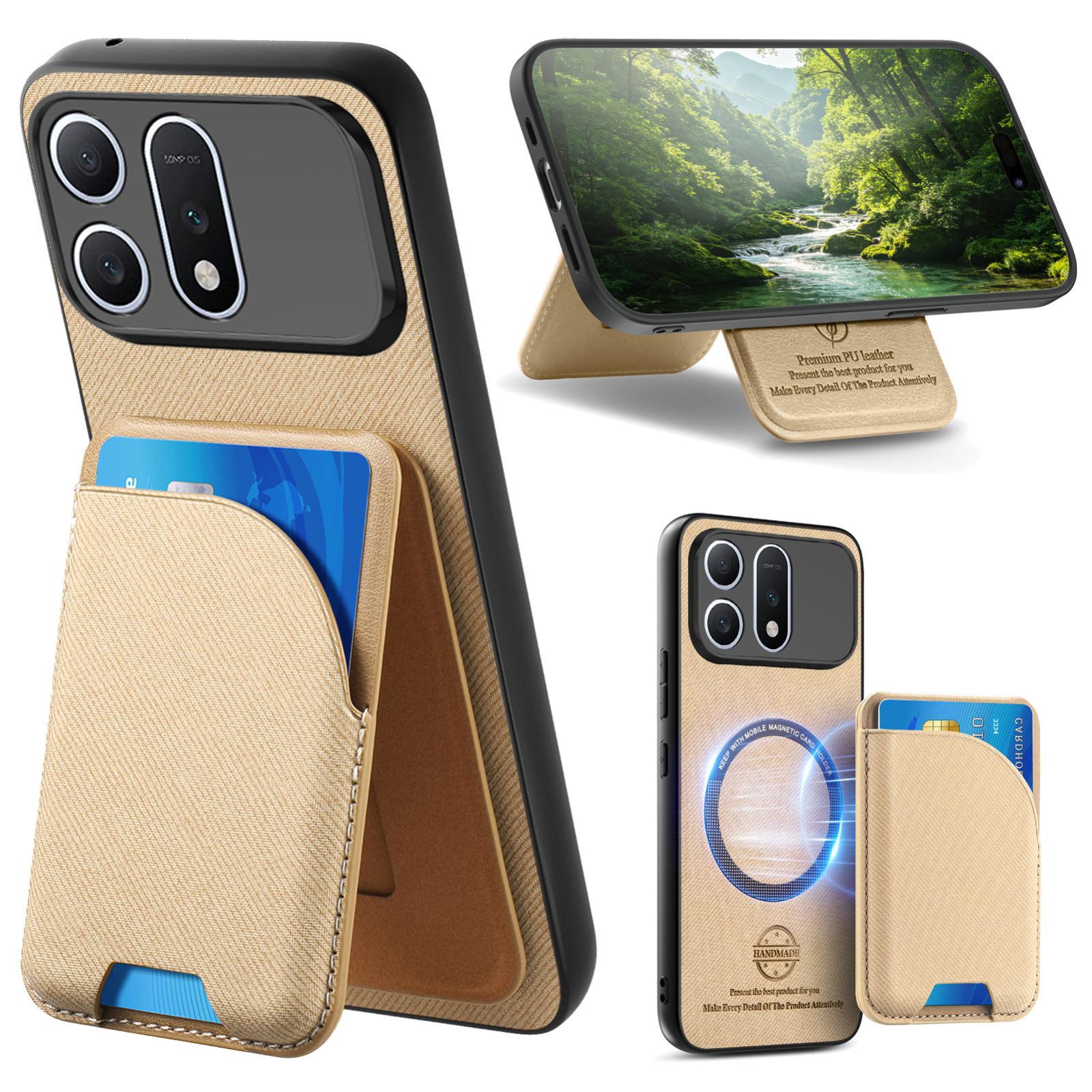 For Honor Win Turbo 5G Twill Fabric Leather-Skin Card Bag Magnetic Back Phone Case(Khaki) - Shopkiz.com