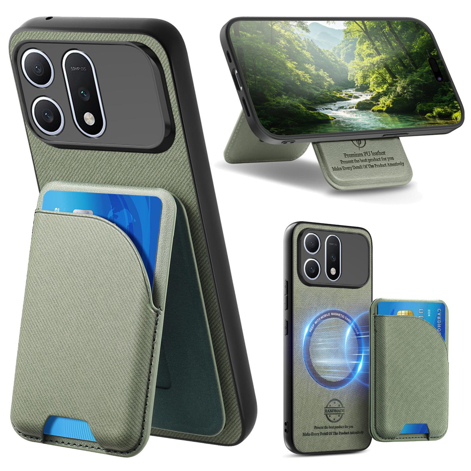 For Honor Win Turbo 5G Twill Fabric Leather-Skin Card Bag Magnetic Back Phone Case(Green) - Shopkiz.com