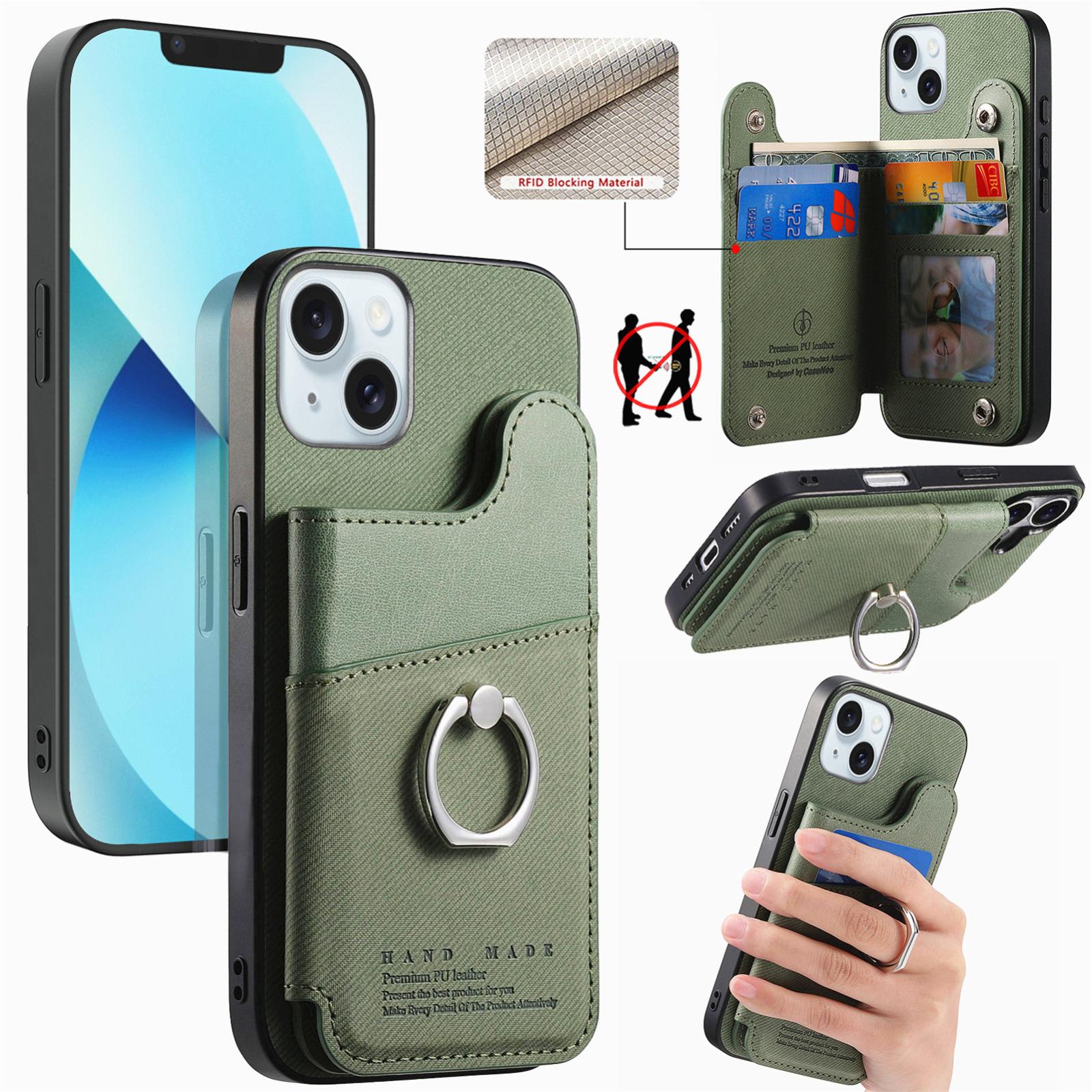 For iPhone 13 Twill Fabric Ring Multi-card Wallet Vegan Leather Phone Case(Green) - Shopkiz.com