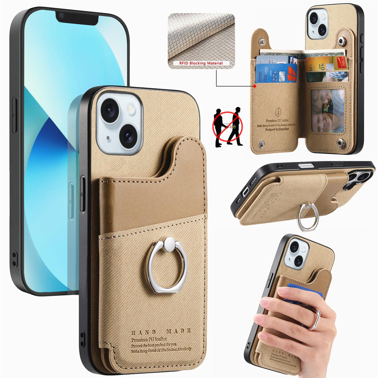 For iPhone 13 Twill Fabric Ring Multi-card Wallet Vegan Leather Phone Case(Khaki) - Shopkiz.com
