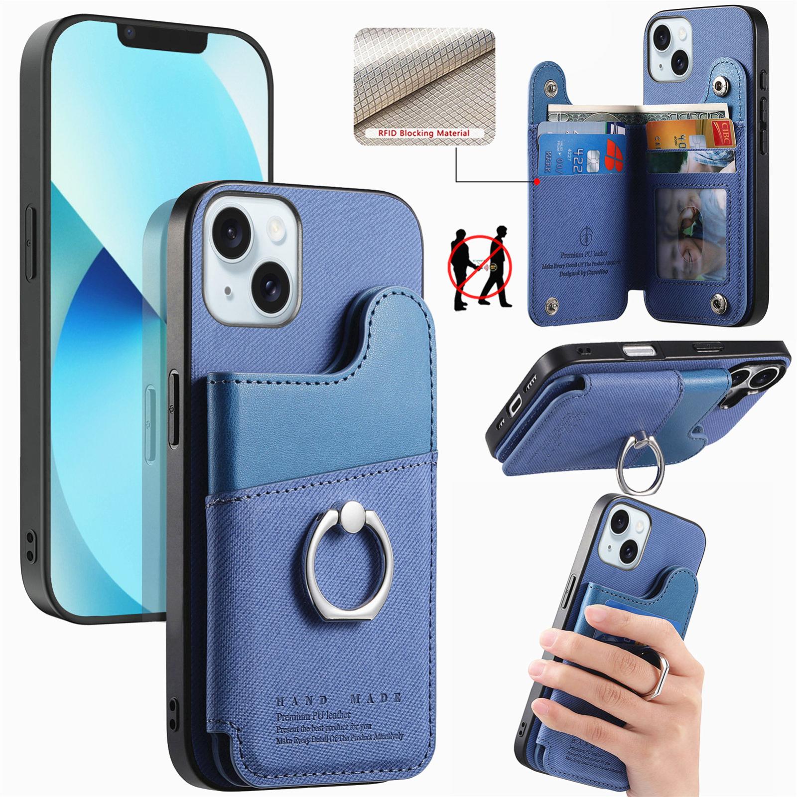 For iPhone 13 Twill Fabric Ring Multi-card Wallet Vegan Leather Phone Case(Blue) - Shopkiz.com