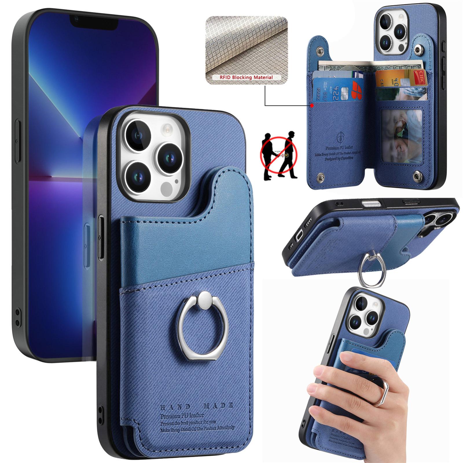 For iPhone 13 Pro Max Twill Fabric Ring Multi-card Wallet Vegan Leather Phone Case(Blue) - Shopkiz.com