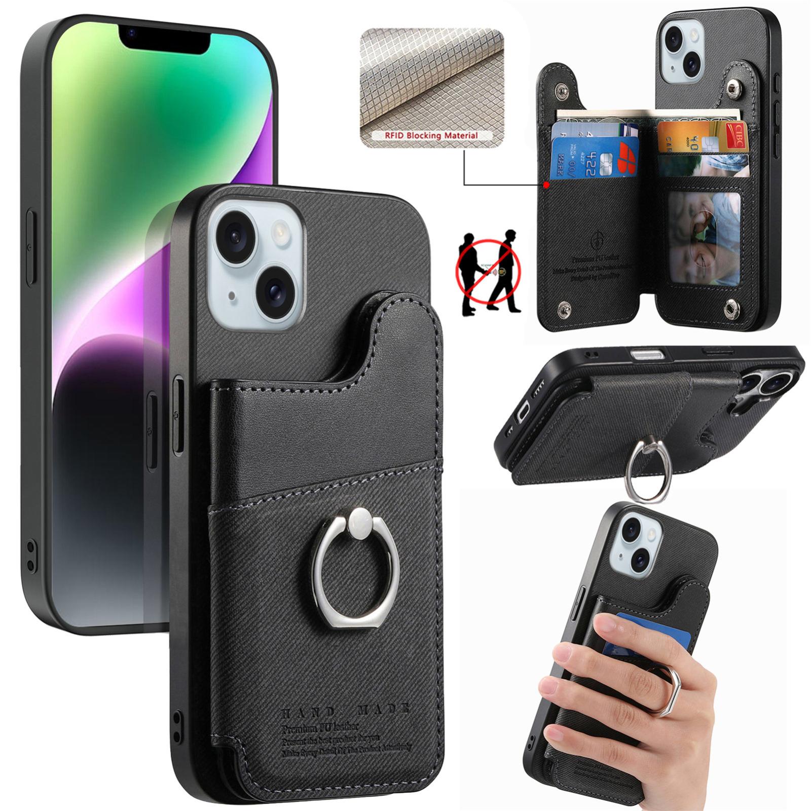 For iPhone 14 Twill Fabric Ring Multi-card Wallet Vegan Leather Phone Case(Black) - Shopkiz.com