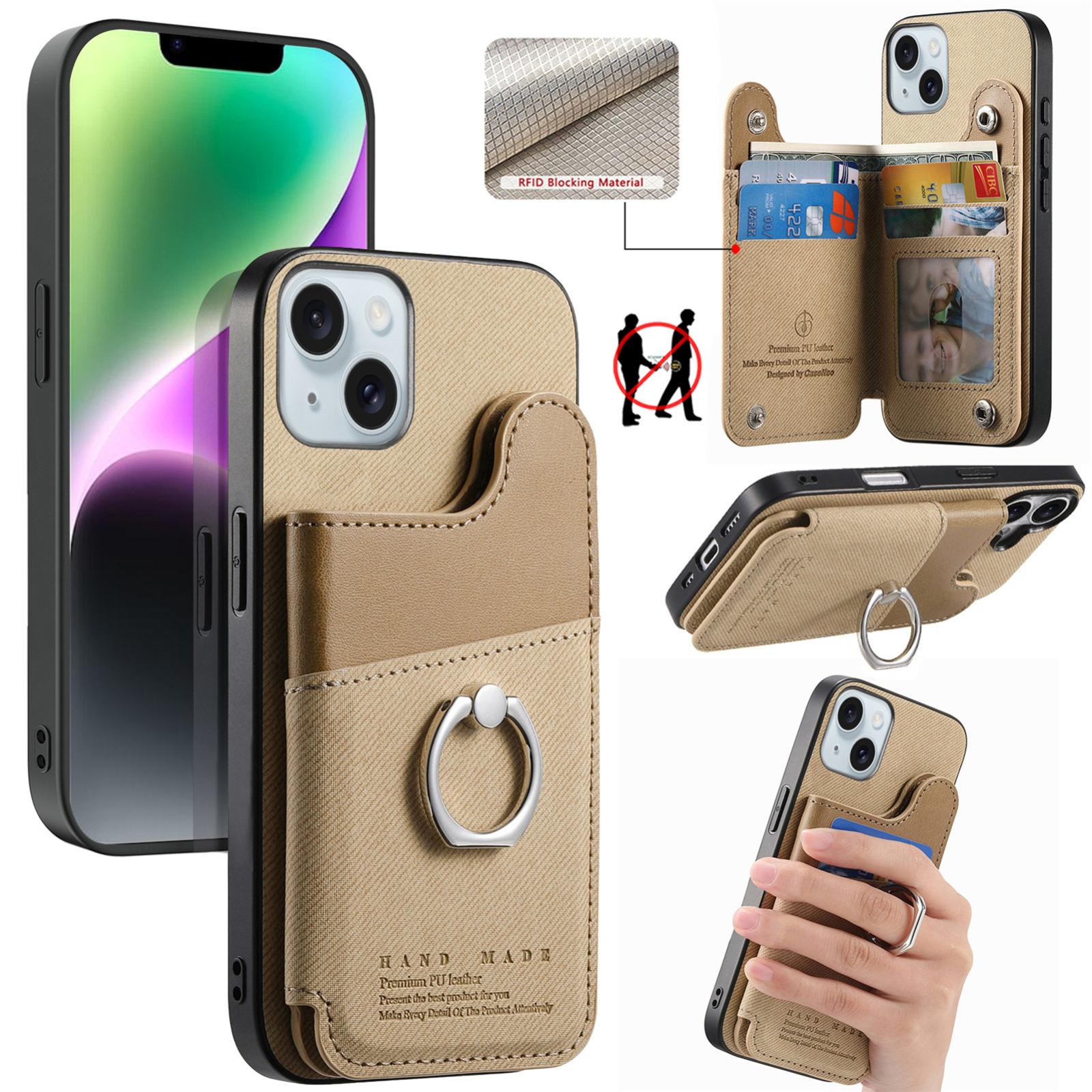 For iPhone 14 Twill Fabric Ring Multi-card Wallet Vegan Leather Phone Case(Khaki) - Shopkiz.com