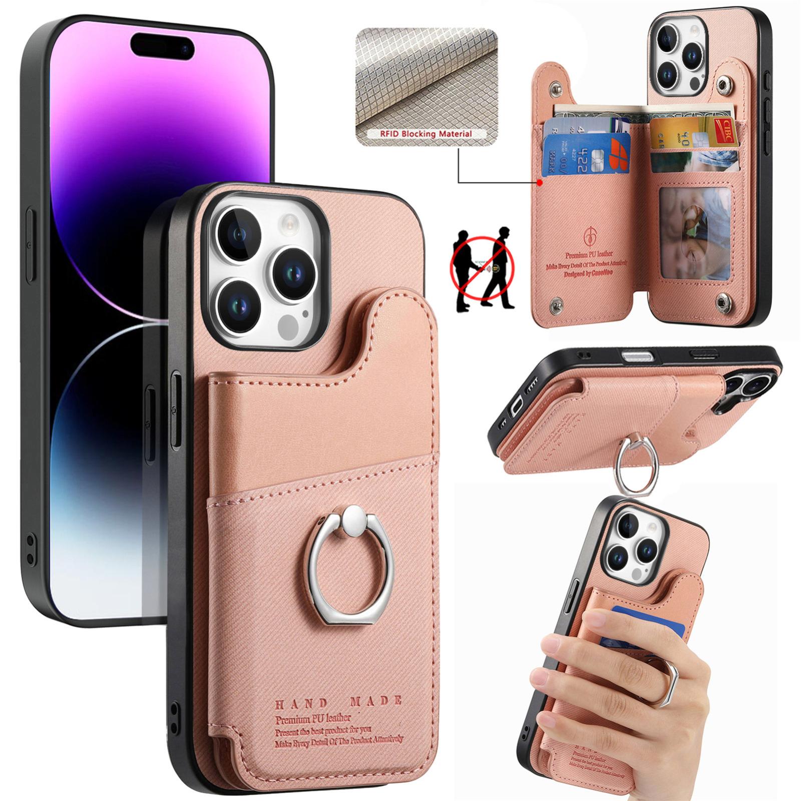 For iPhone 14 Pro Twill Fabric Ring Multi-card Wallet Vegan Leather Phone Case(Pink) - Shopkiz.com