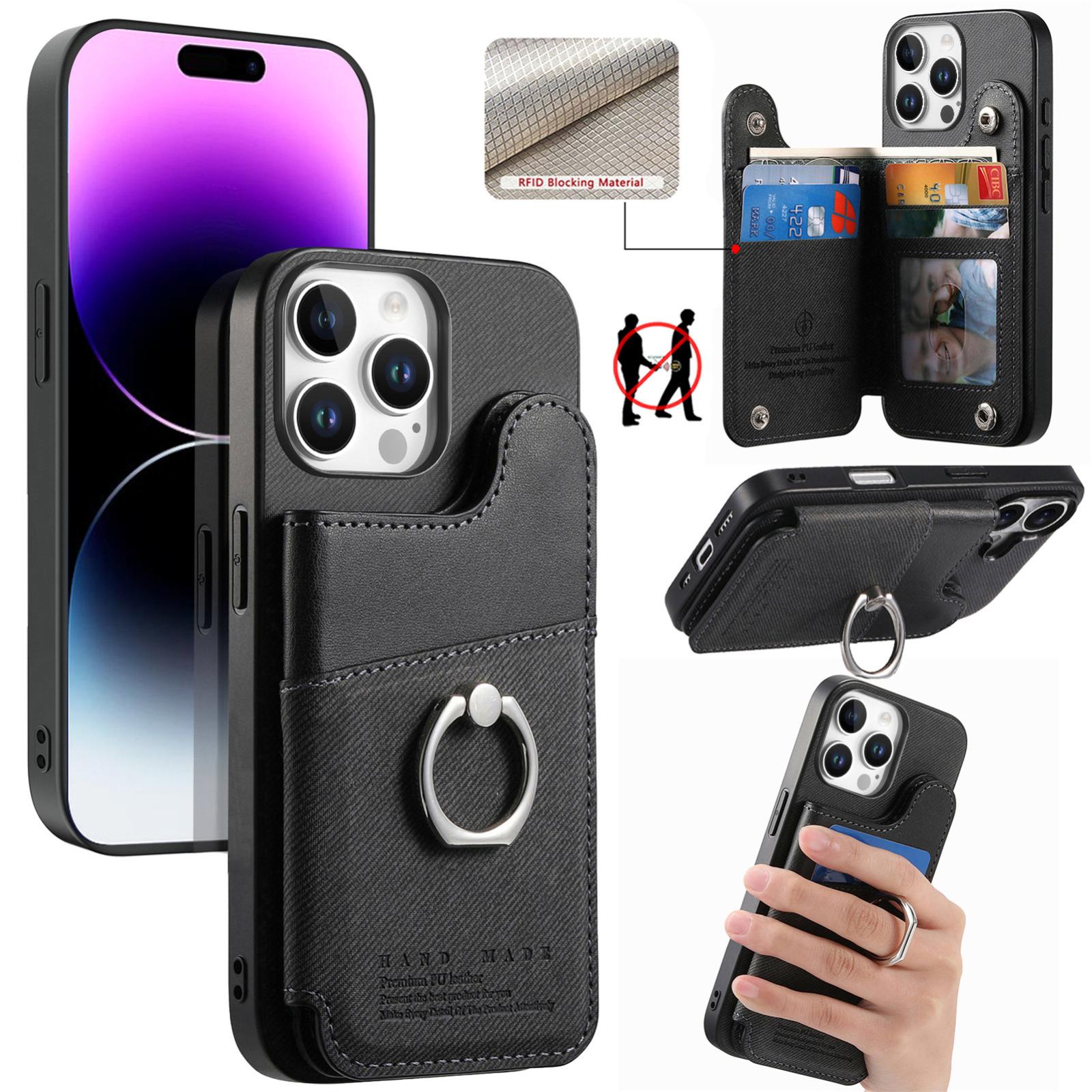 For iPhone 14 Pro Twill Fabric Ring Multi-card Wallet Vegan Leather Phone Case(Black) - Shopkiz.com