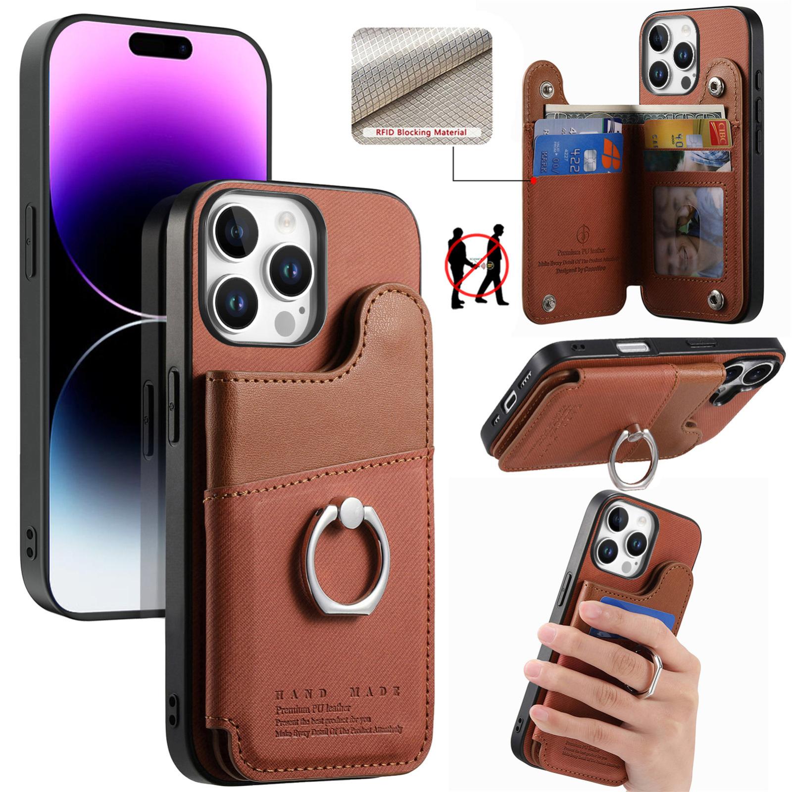 For iPhone 14 Pro Max Twill Fabric Ring Multi-card Wallet Vegan Leather Phone Case(Brown) - Shopkiz.com