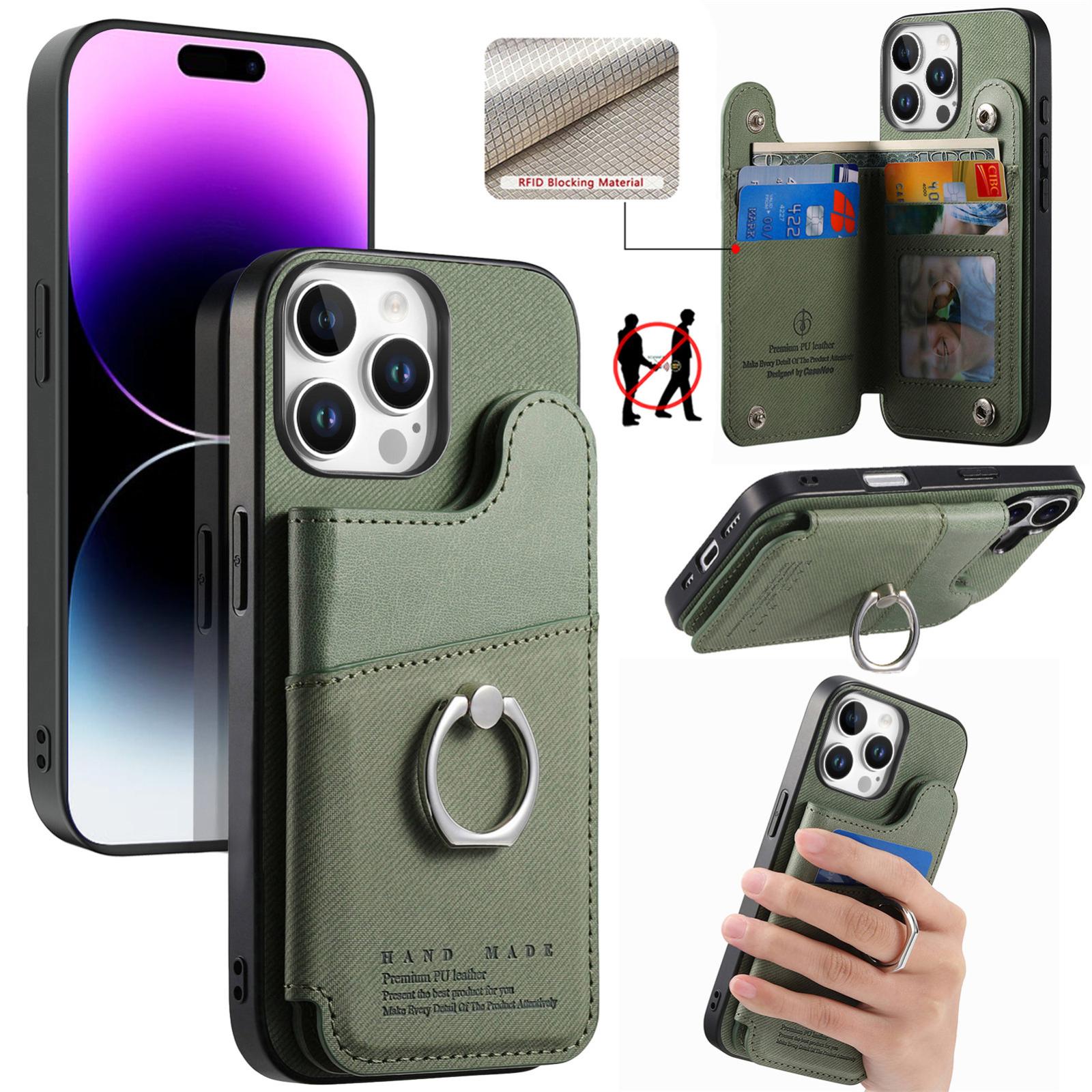 For iPhone 14 Pro Max Twill Fabric Ring Multi-card Wallet Vegan Leather Phone Case(Green) - Shopkiz.com