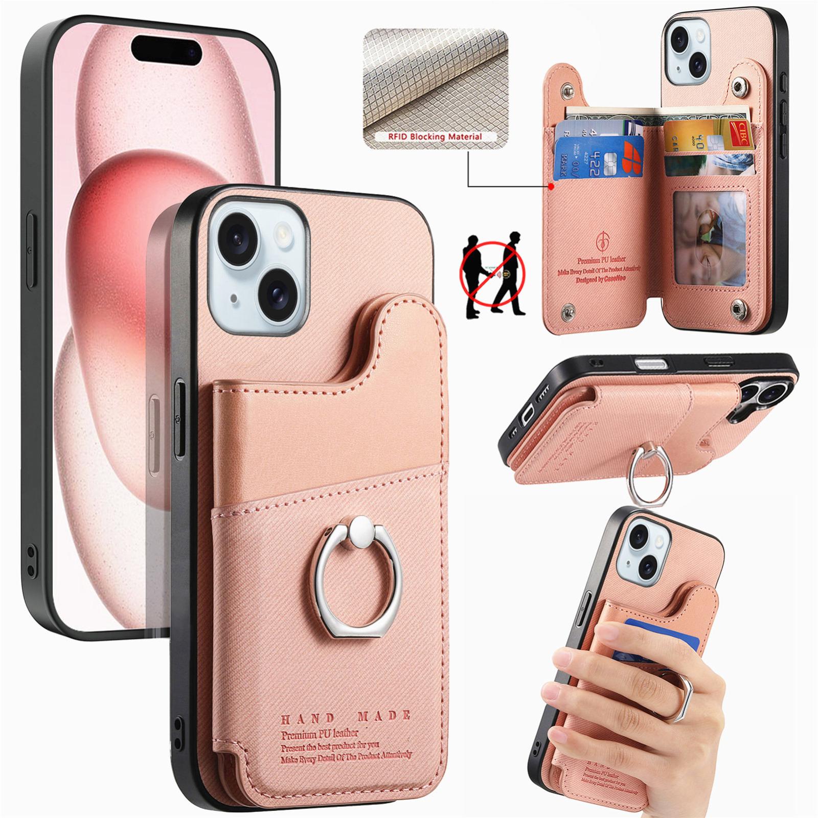For iPhone 15 Twill Fabric Ring Multi-card Wallet Vegan Leather Phone Case(Pink) - Shopkiz.com