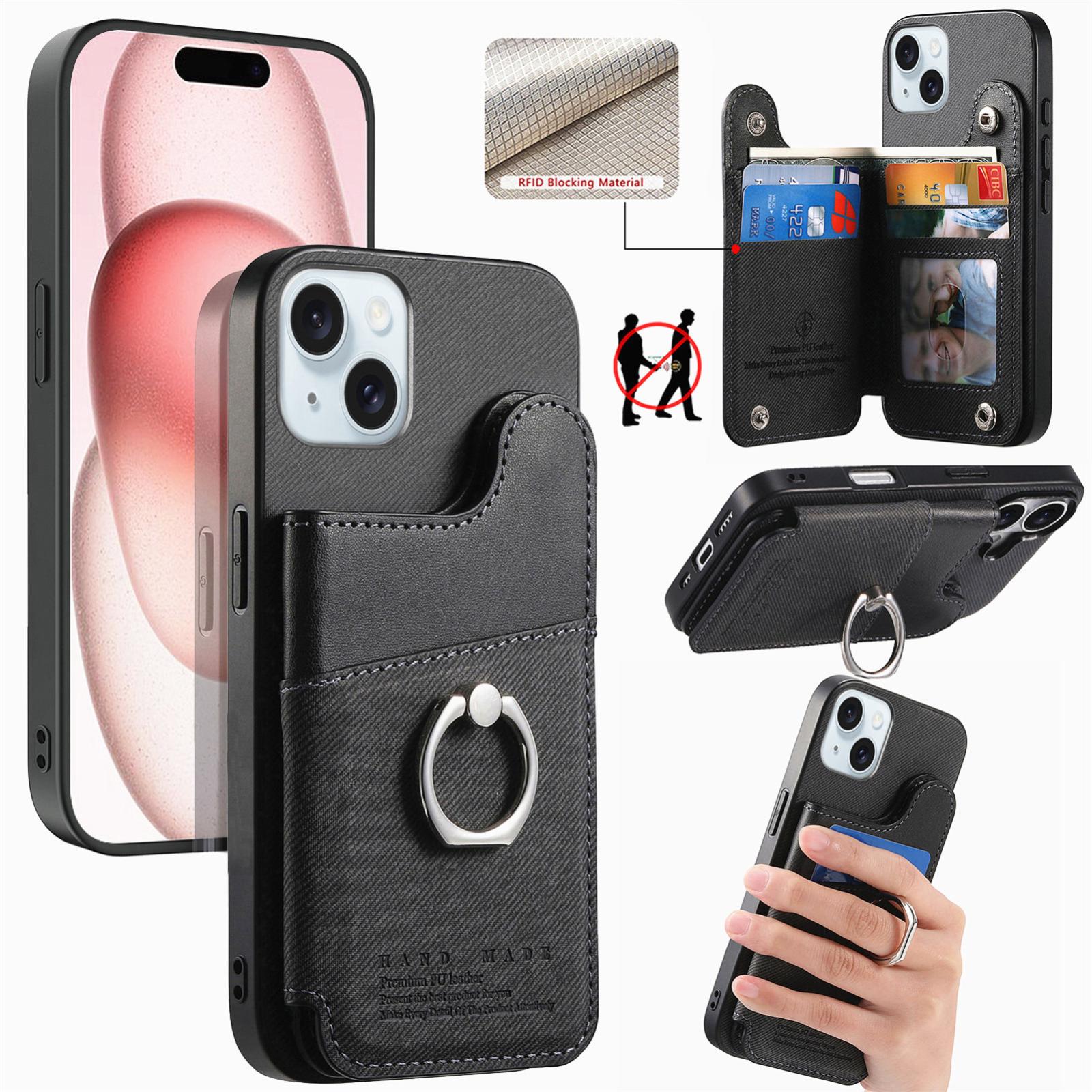For iPhone 15 Twill Fabric Ring Multi-card Wallet Vegan Leather Phone Case(Black) - Shopkiz.com