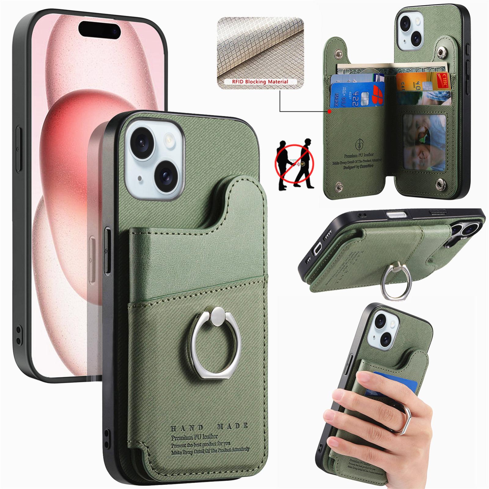 For iPhone 15 Twill Fabric Ring Multi-card Wallet Vegan Leather Phone Case(Green) - Shopkiz.com