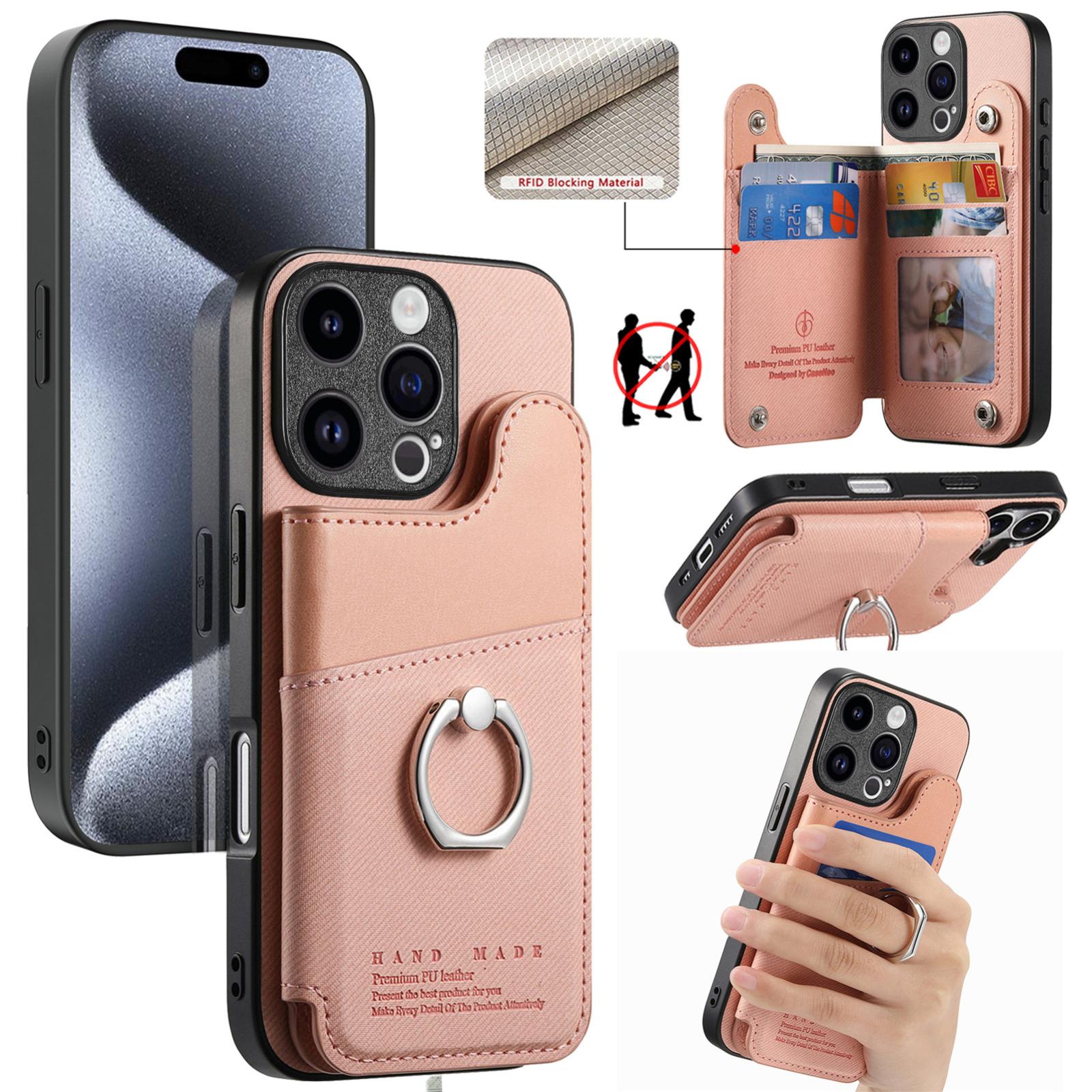 For iPhone 15 Pro Twill Fabric Ring Multi-card Wallet Vegan Leather Phone Case(Pink) - Shopkiz.com