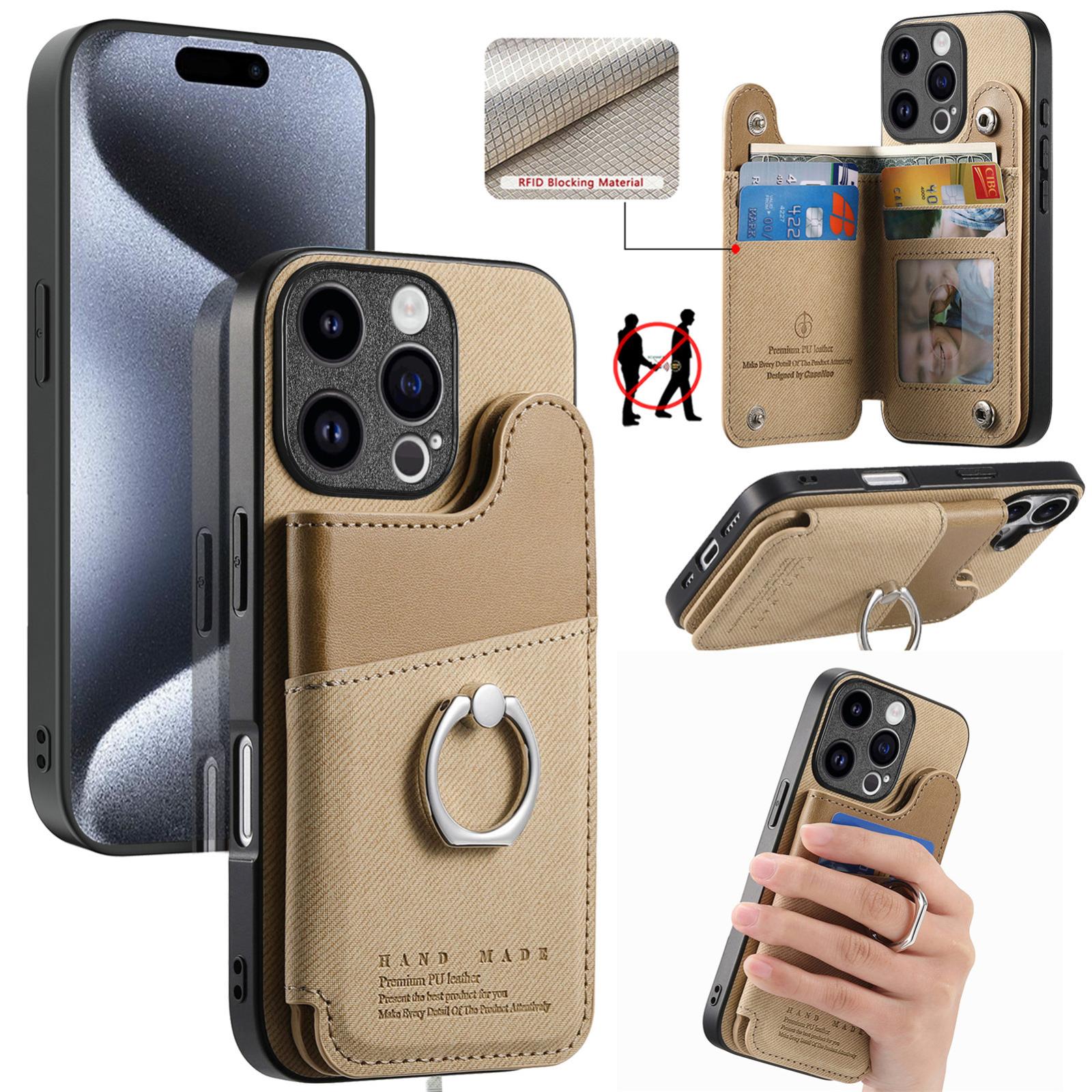 For iPhone 15 Pro Twill Fabric Ring Multi-card Wallet Vegan Leather Phone Case(Khaki) - Shopkiz.com