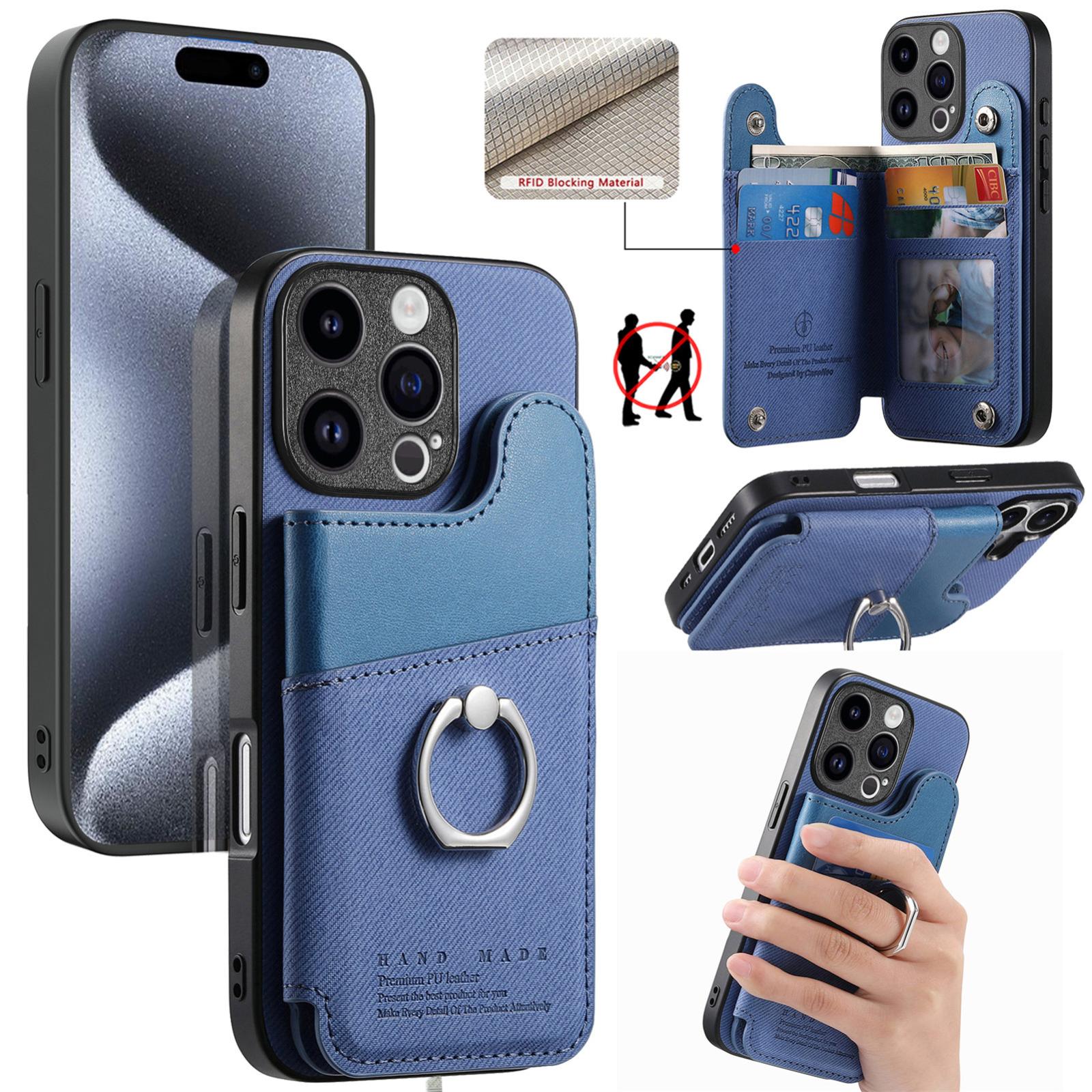 For iPhone 15 Pro Max Twill Fabric Ring Multi-card Wallet Vegan Leather Phone Case(Blue) - Shopkiz.com