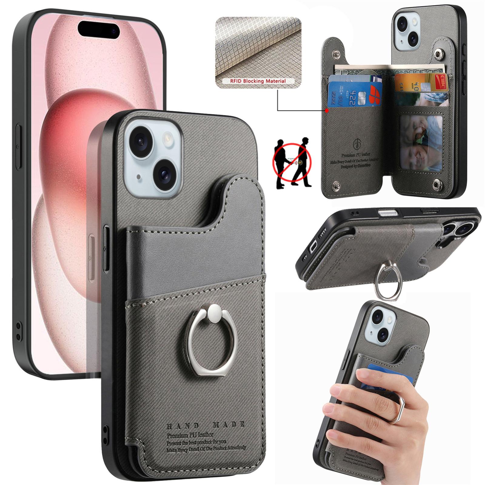 For iPhone 15 Plus Twill Fabric Ring Multi-card Wallet Vegan Leather Phone Case(Gray) - Shopkiz.com