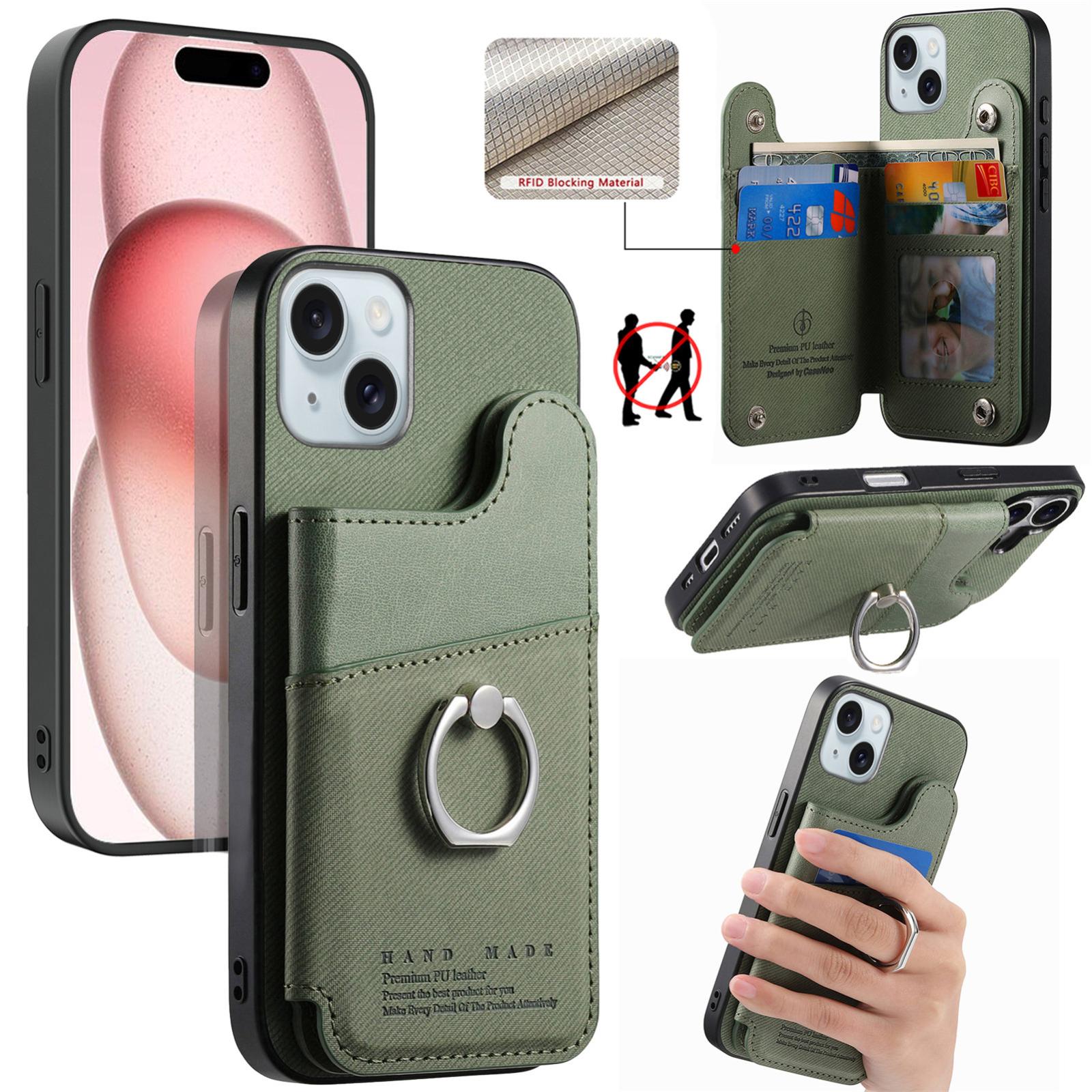 For iPhone 15 Plus Twill Fabric Ring Multi-card Wallet Vegan Leather Phone Case(Green) - Shopkiz.com