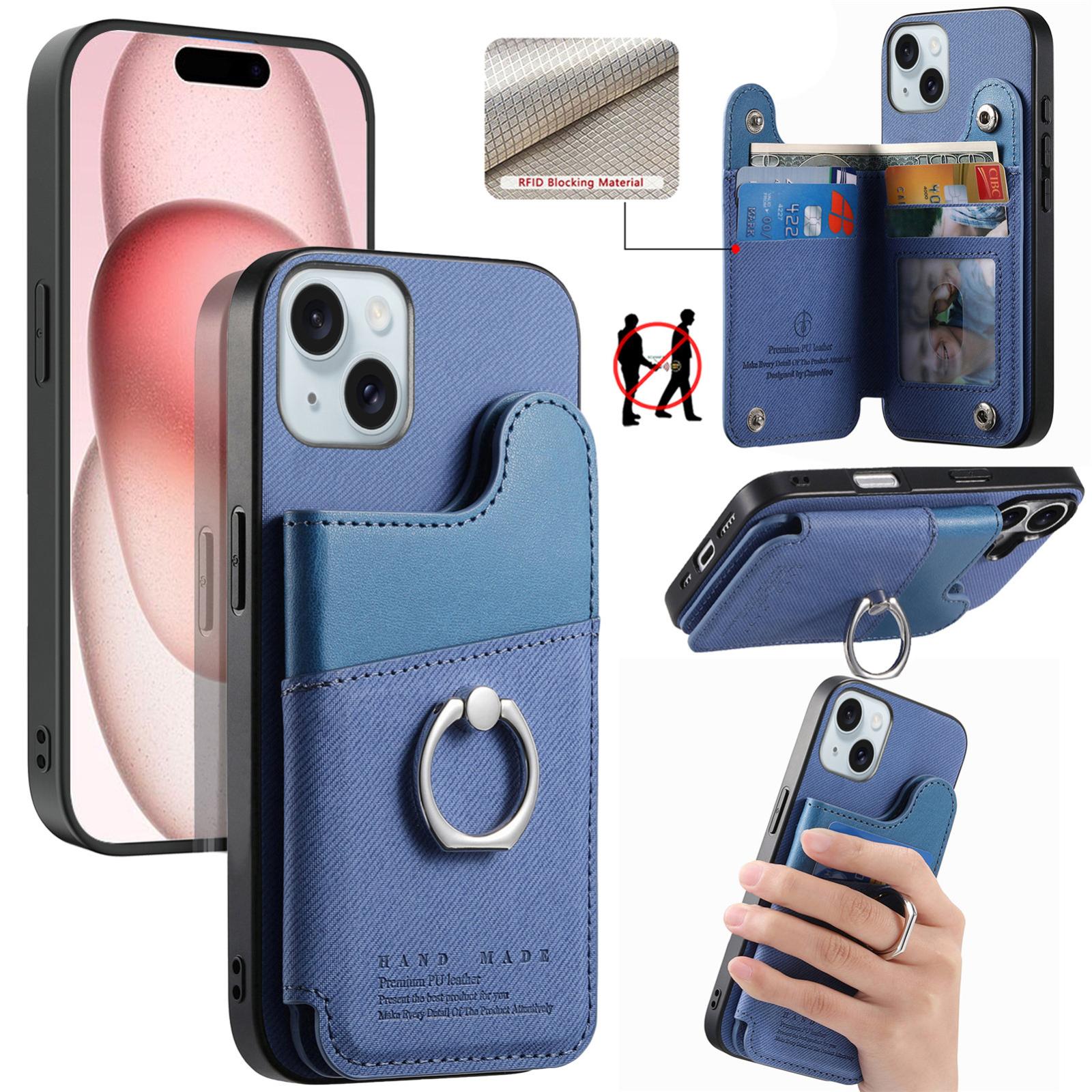 For iPhone 15 Plus Twill Fabric Ring Multi-card Wallet Vegan Leather Phone Case(Blue) - Shopkiz.com