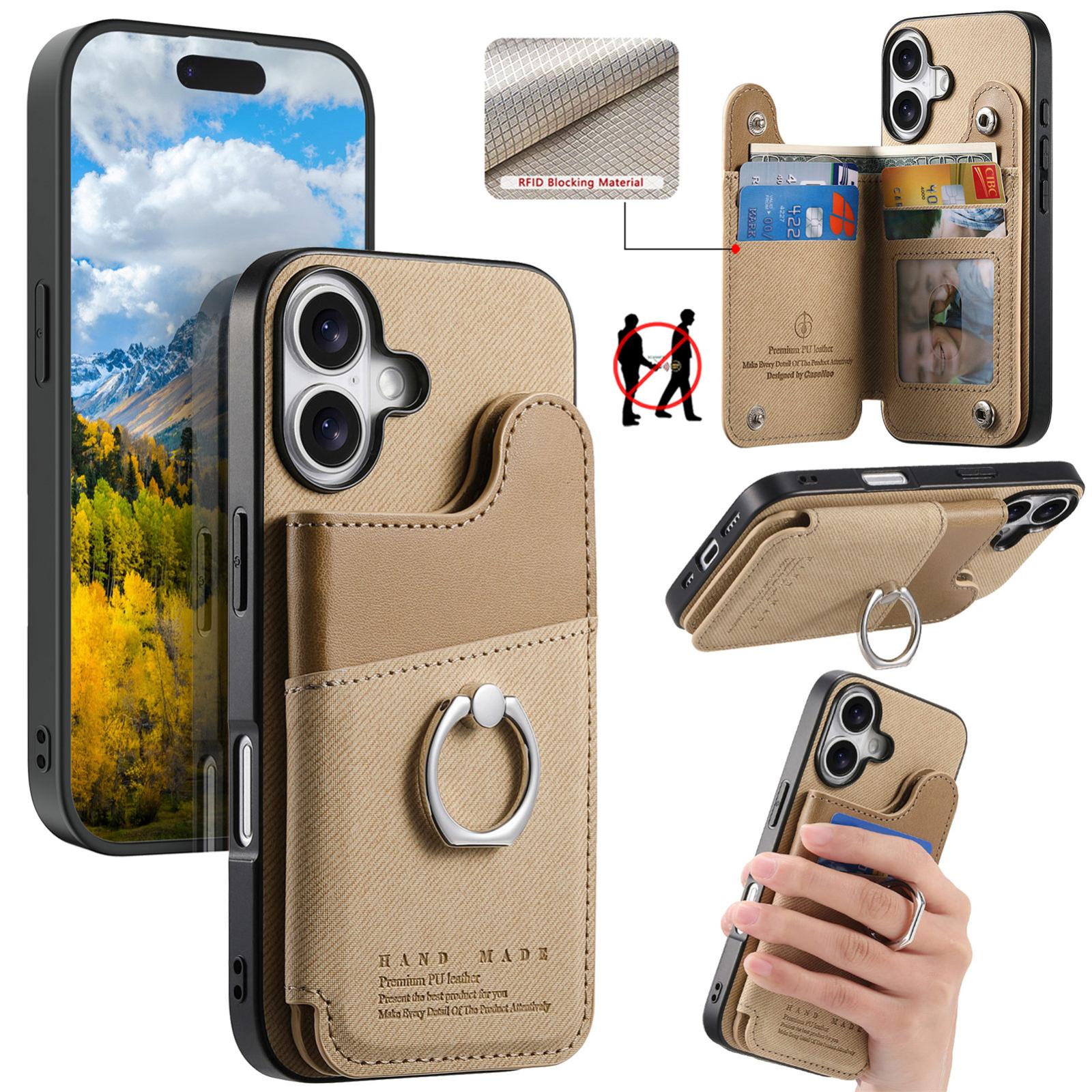 For iPhone 16 Twill Fabric Ring Multi-card Wallet Vegan Leather Phone Case(Khaki) - Shopkiz.com