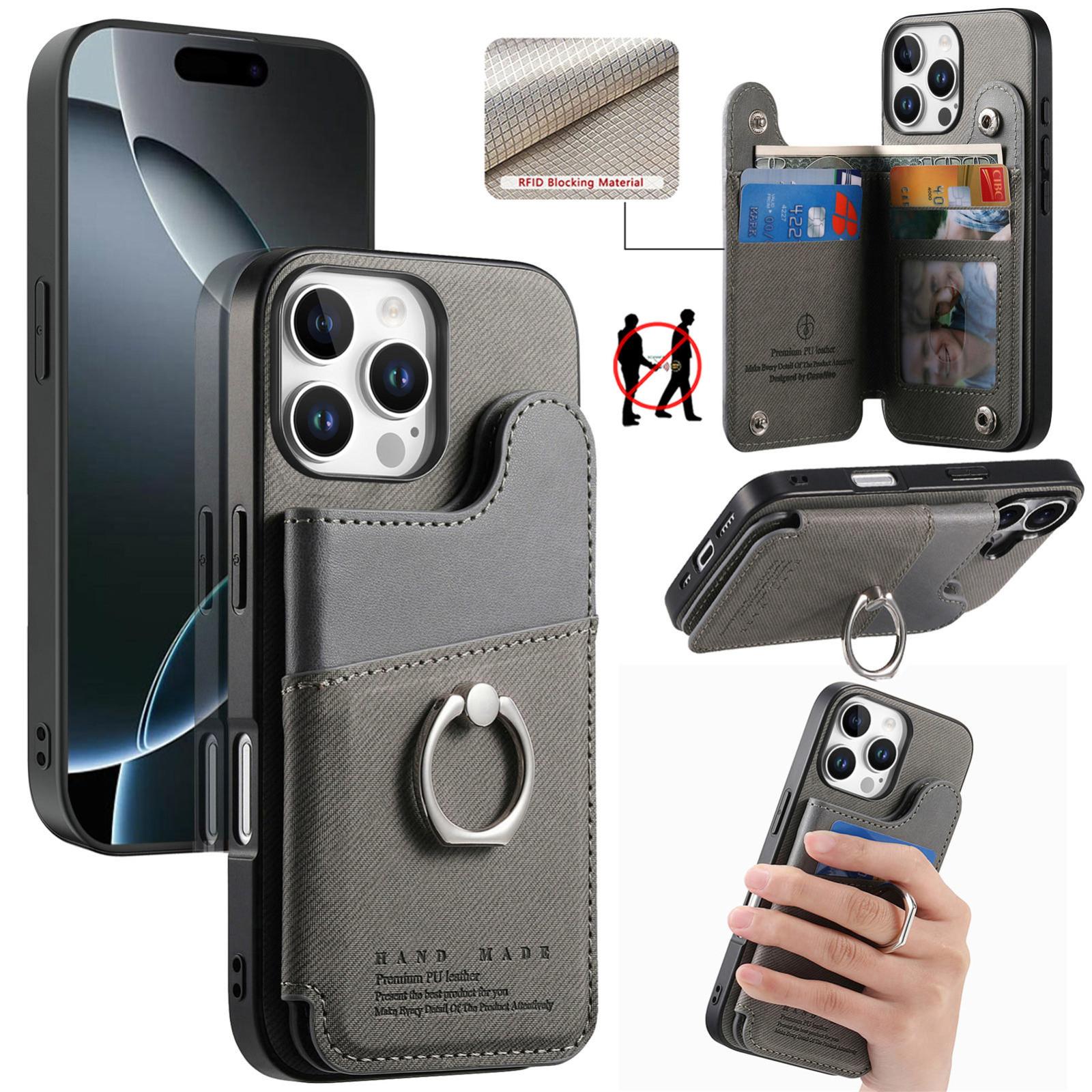 For iPhone 16 Pro Twill Fabric Ring Multi-card Wallet Vegan Leather Phone Case(Gray) - Shopkiz.com