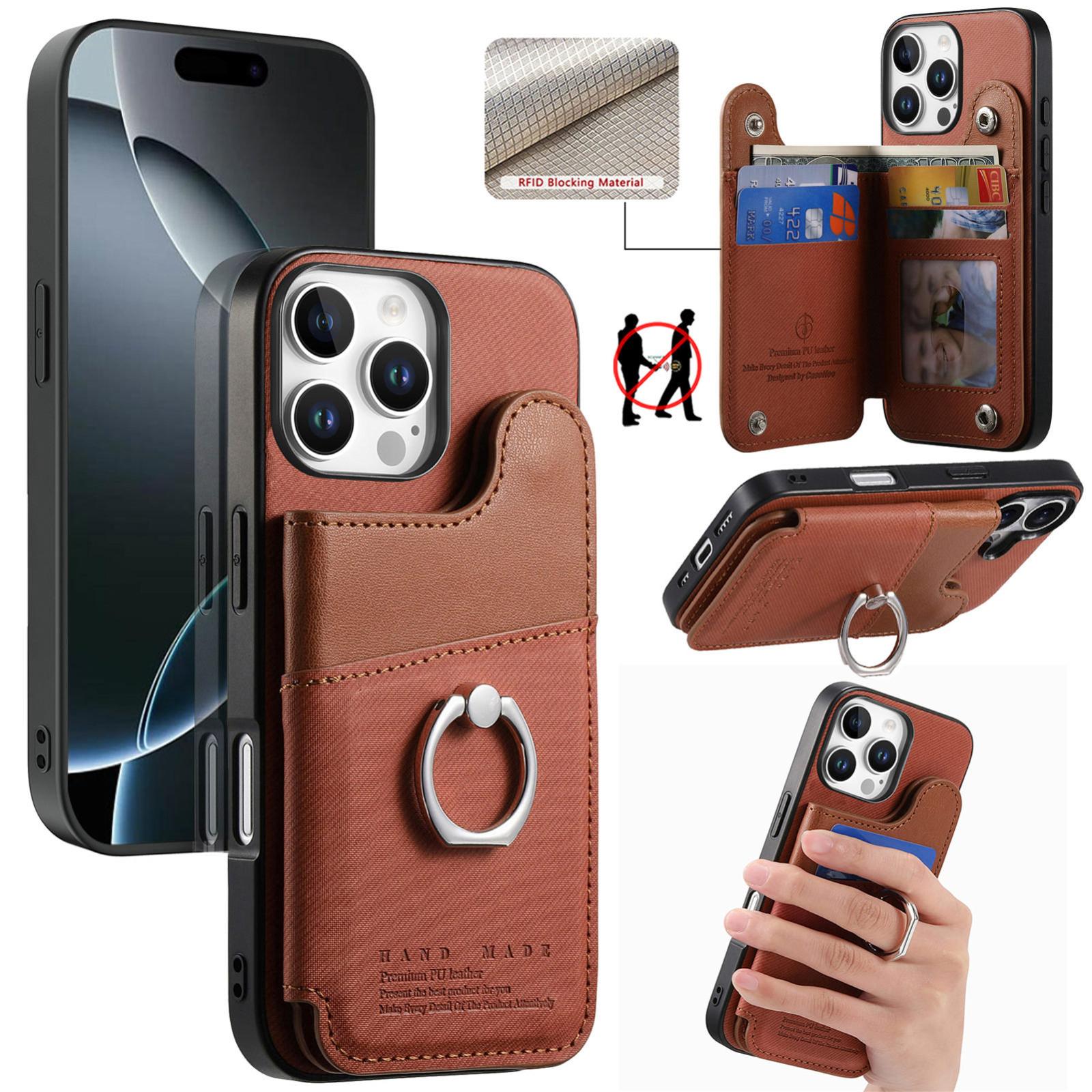 For iPhone 16 Pro Twill Fabric Ring Multi-card Wallet Vegan Leather Phone Case(Brown) - Shopkiz.com