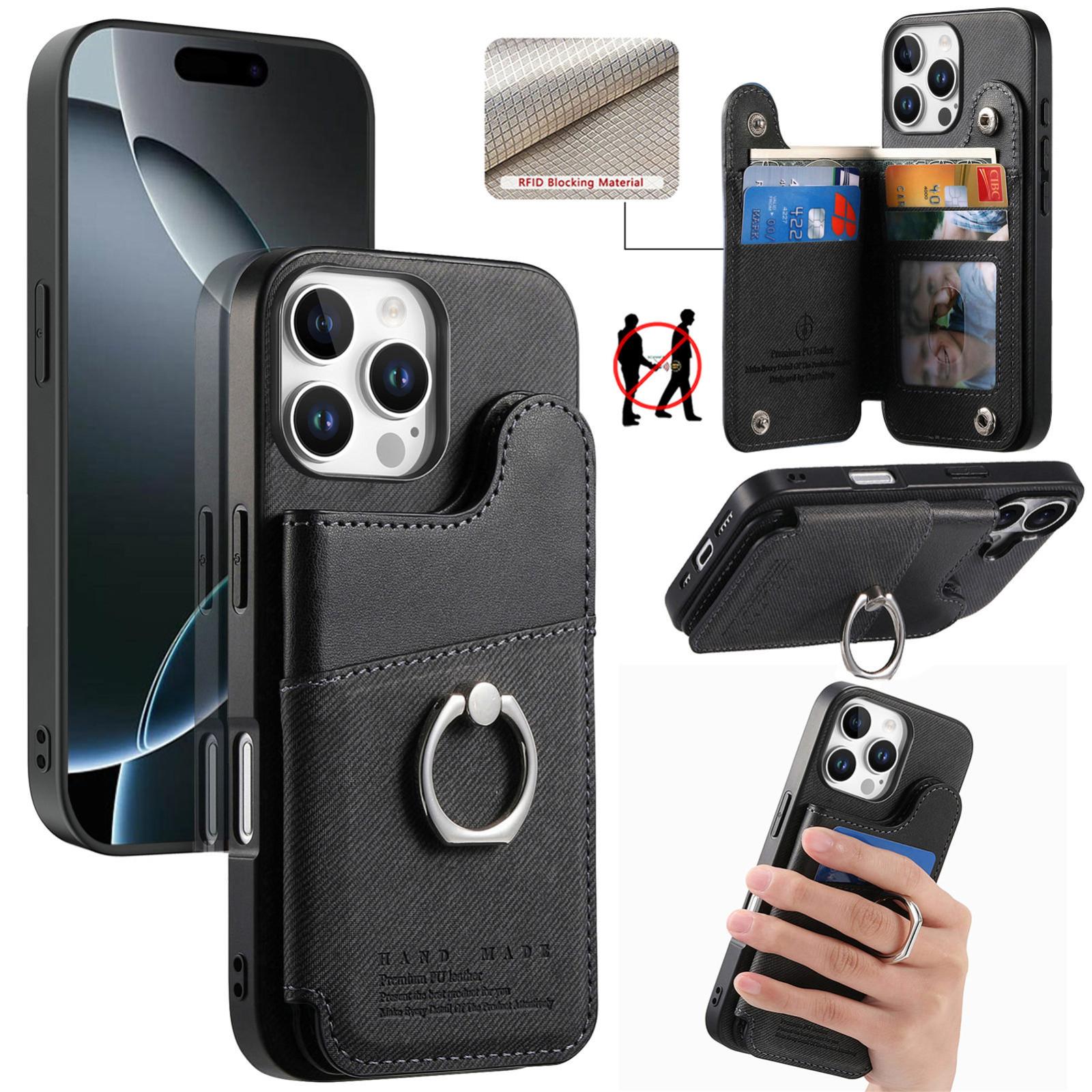 For iPhone 16 Pro Twill Fabric Ring Multi-card Wallet Vegan Leather Phone Case(Black) - Shopkiz.com