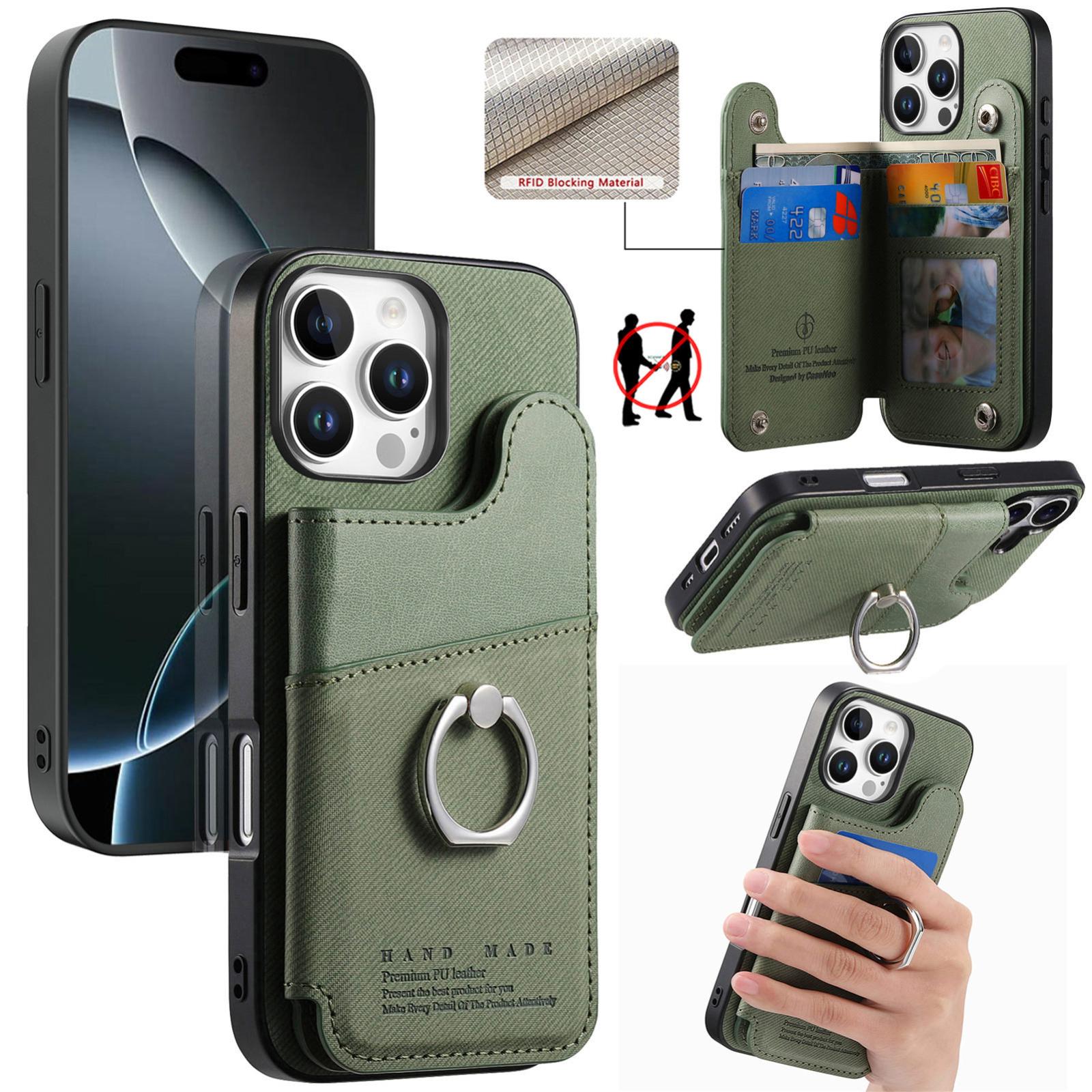 For iPhone 16 Pro Twill Fabric Ring Multi-card Wallet Vegan Leather Phone Case(Green) - Shopkiz.com
