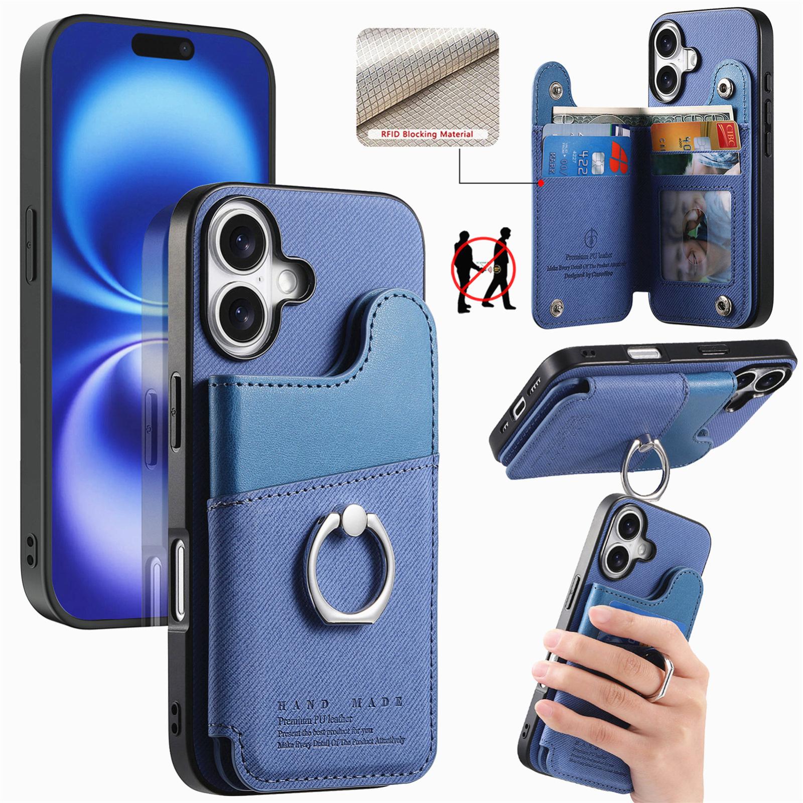 For iPhone 16 Plus Twill Fabric Ring Multi-card Wallet Vegan Leather Phone Case(Blue) - Shopkiz.com