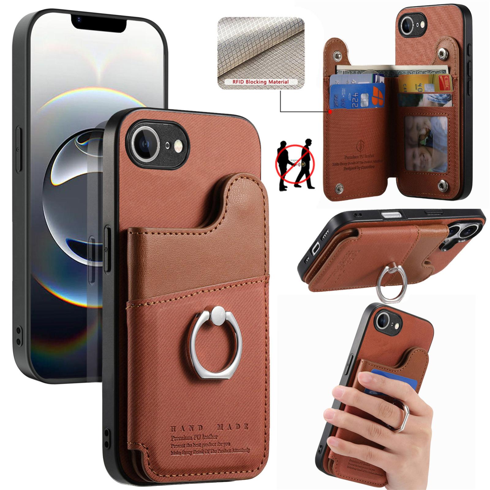 For iPhone 17e / 16e Twill Fabric Ring Multi-card Wallet Vegan Leather Phone Case(Brown) - Shopkiz.com