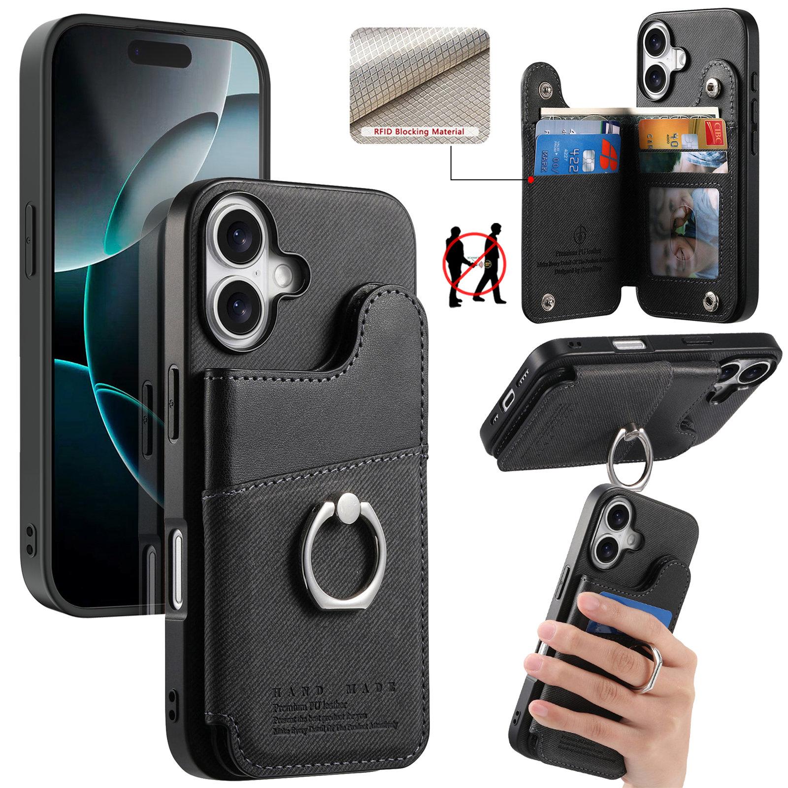 For iPhone 17 Twill Fabric Ring Multi-card Wallet Vegan Leather Phone Case(Black) - Shopkiz.com