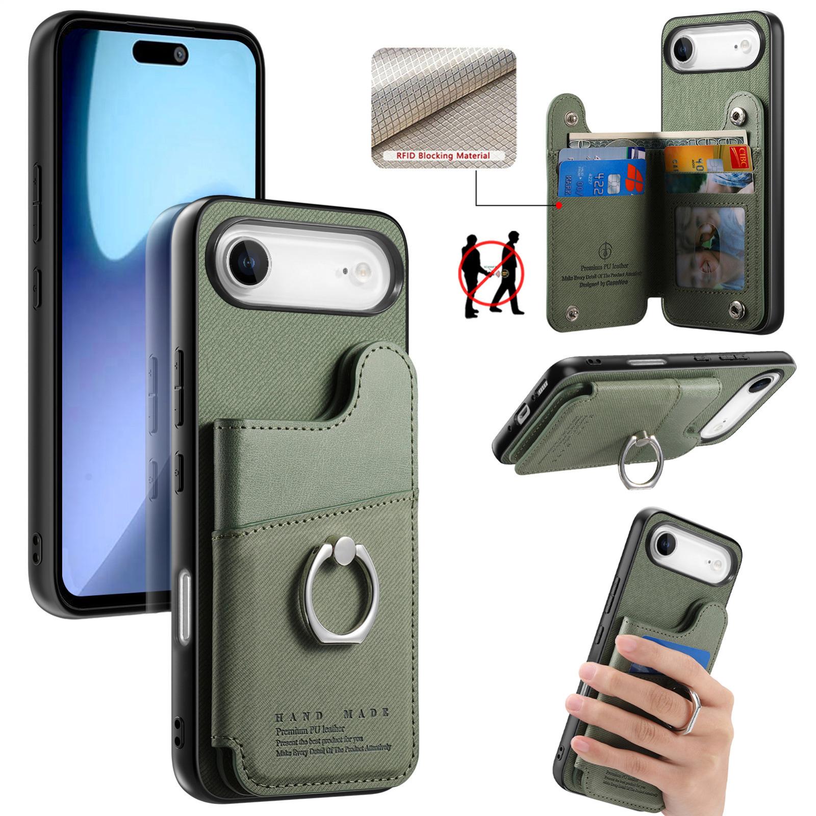 For iPhone Air Twill Fabric Ring Multi-card Wallet Vegan Leather Phone Case(Green) - Shopkiz.com