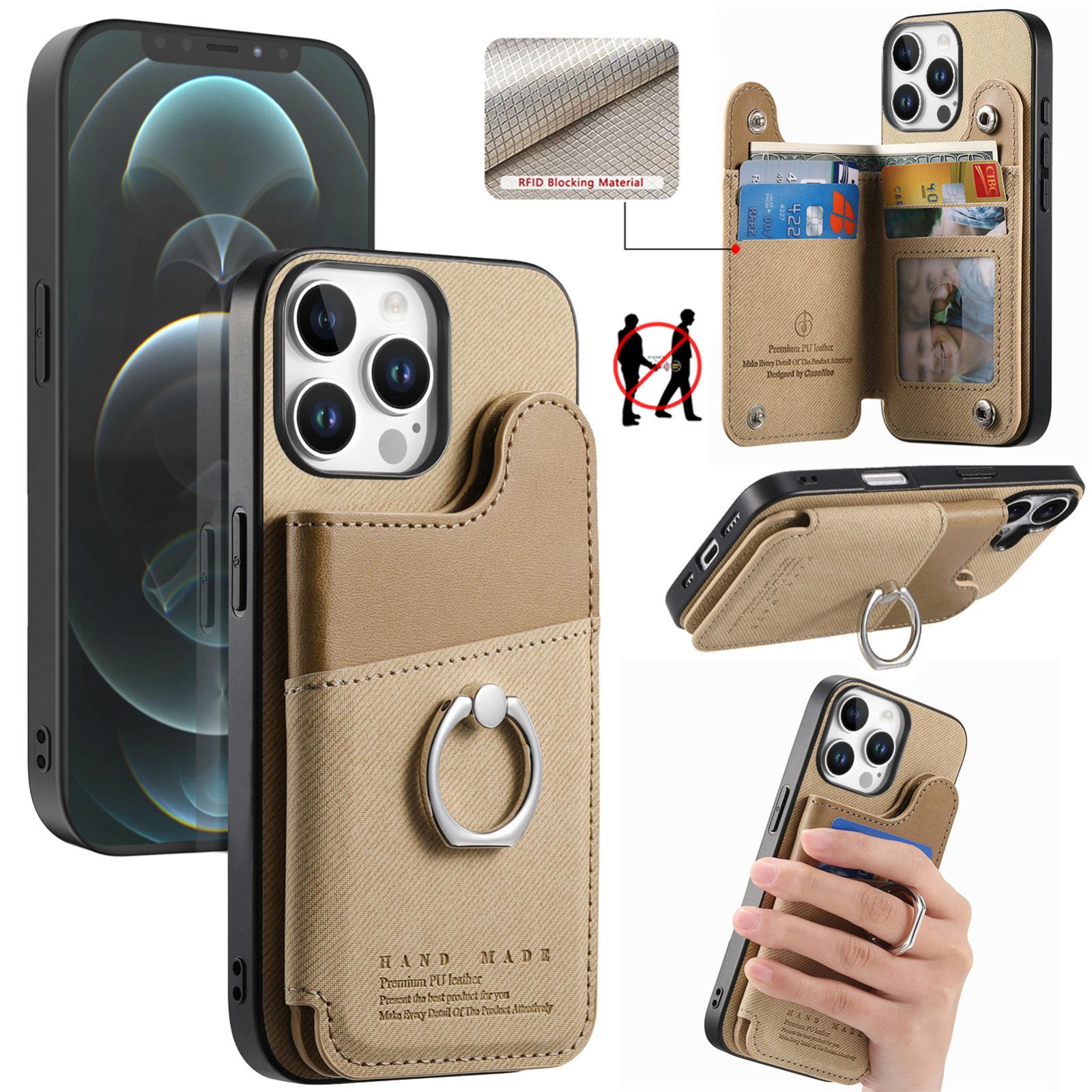 For iPhone 12 Pro Max Twill Fabric Ring Multi-card Wallet Vegan Leather Phone Case(Khaki) - Shopkiz.com