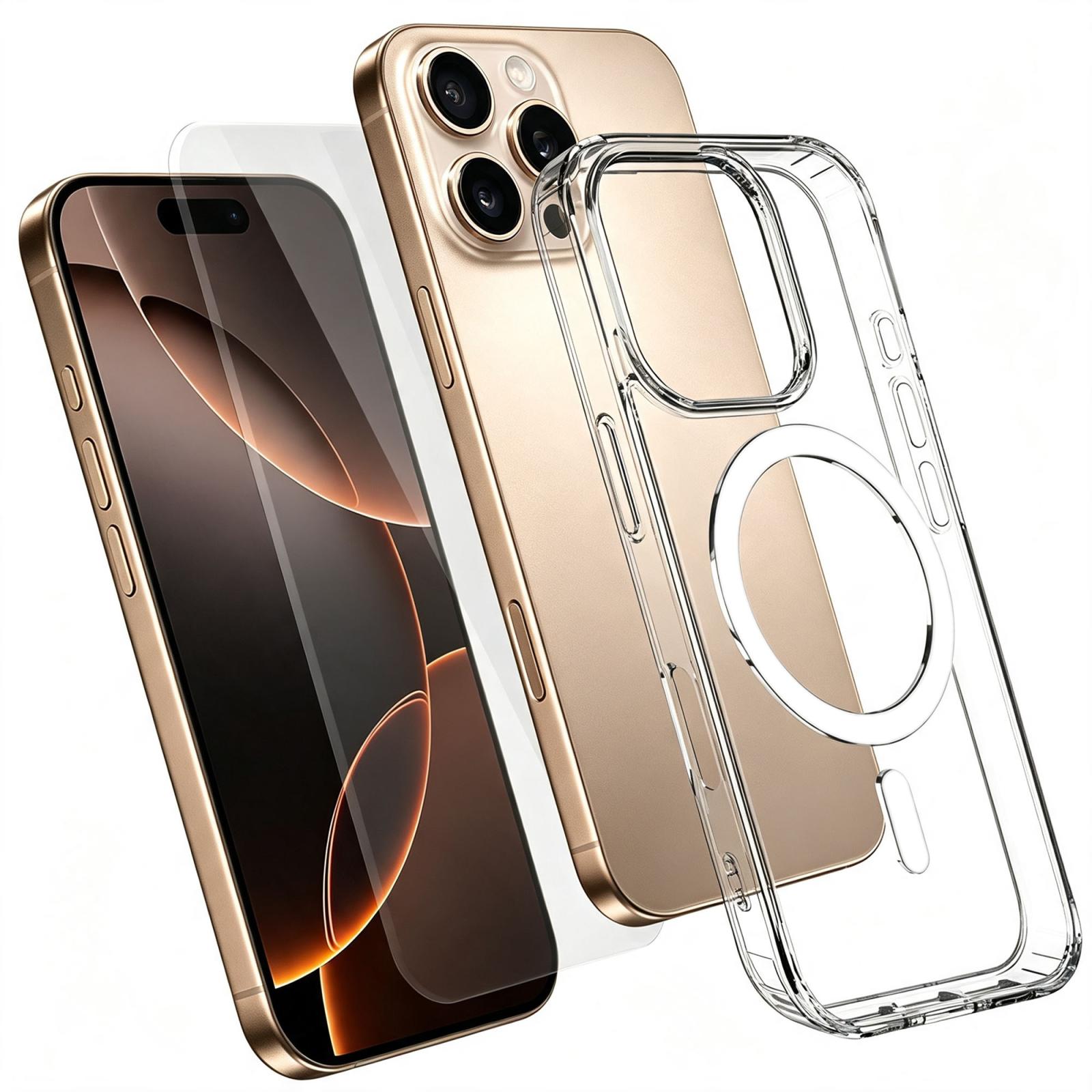 2 in 1 Set TPU + PC Clear Magnetic Phone Case with High Alumina Tempered Film For iPhone 16 Pro Max - Shopkiz.com