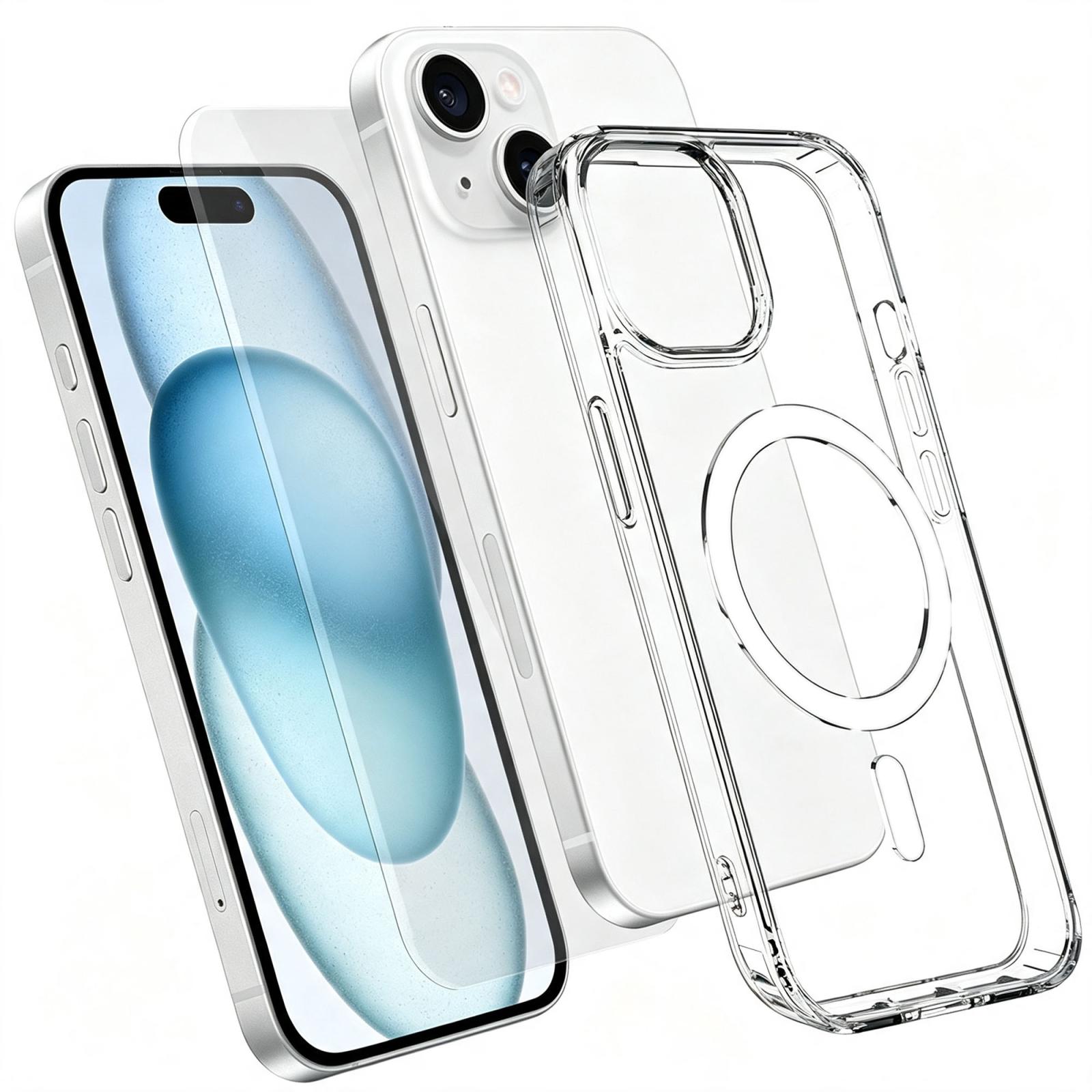 2 in 1 Set TPU + PC Clear Magnetic Phone Case with High Alumina Tempered Film For iPhone 15 - Shopkiz.com